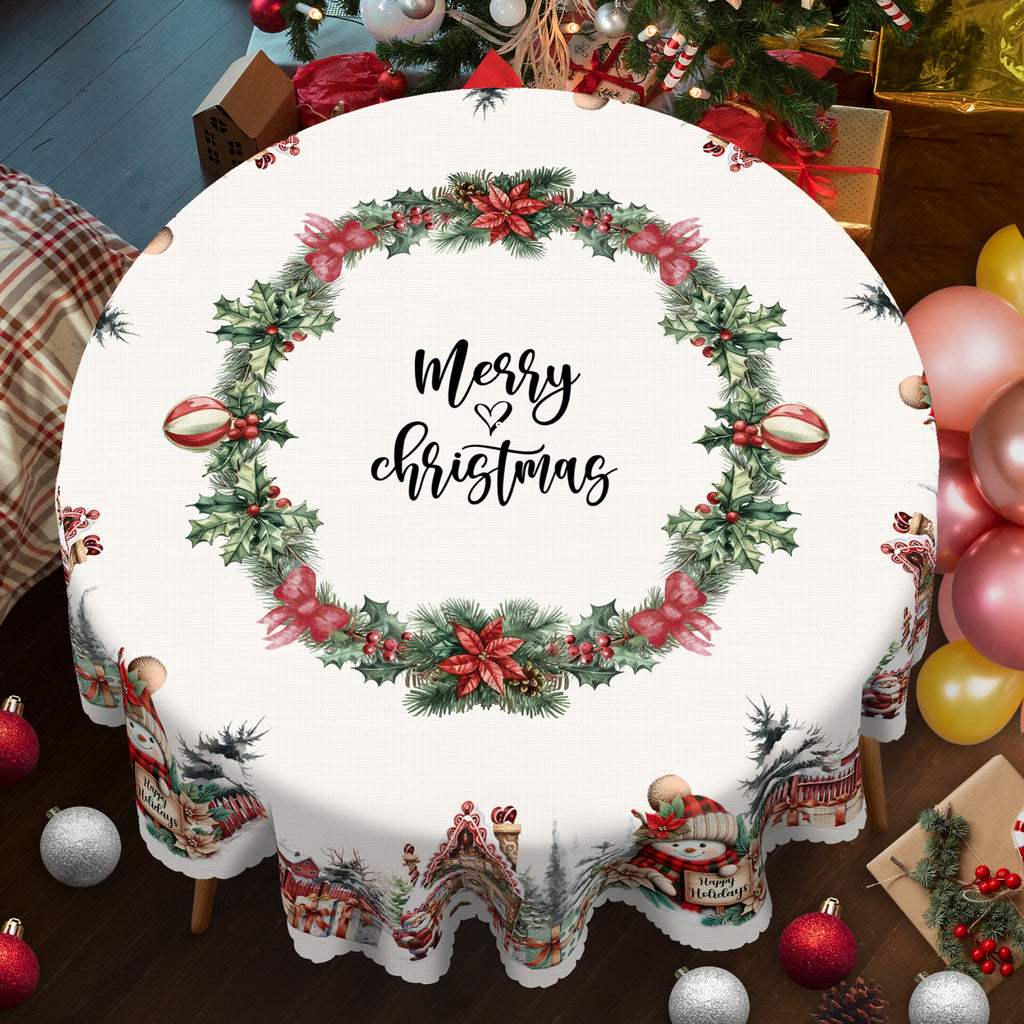 Christmas Tablecloth with Santa, elk and Wreath Designs, Dustproof Dining Table Cover for Holiday Decor
