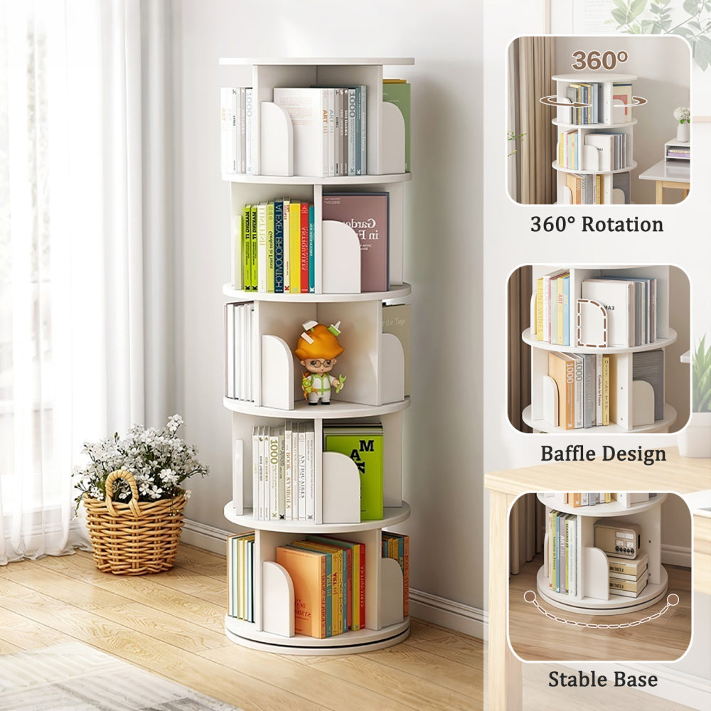 Chic Crate-5-Tier Rotating Bookshelf – 360° Display | Space-Saver | Warm White | Bedroom/Living Room/Office