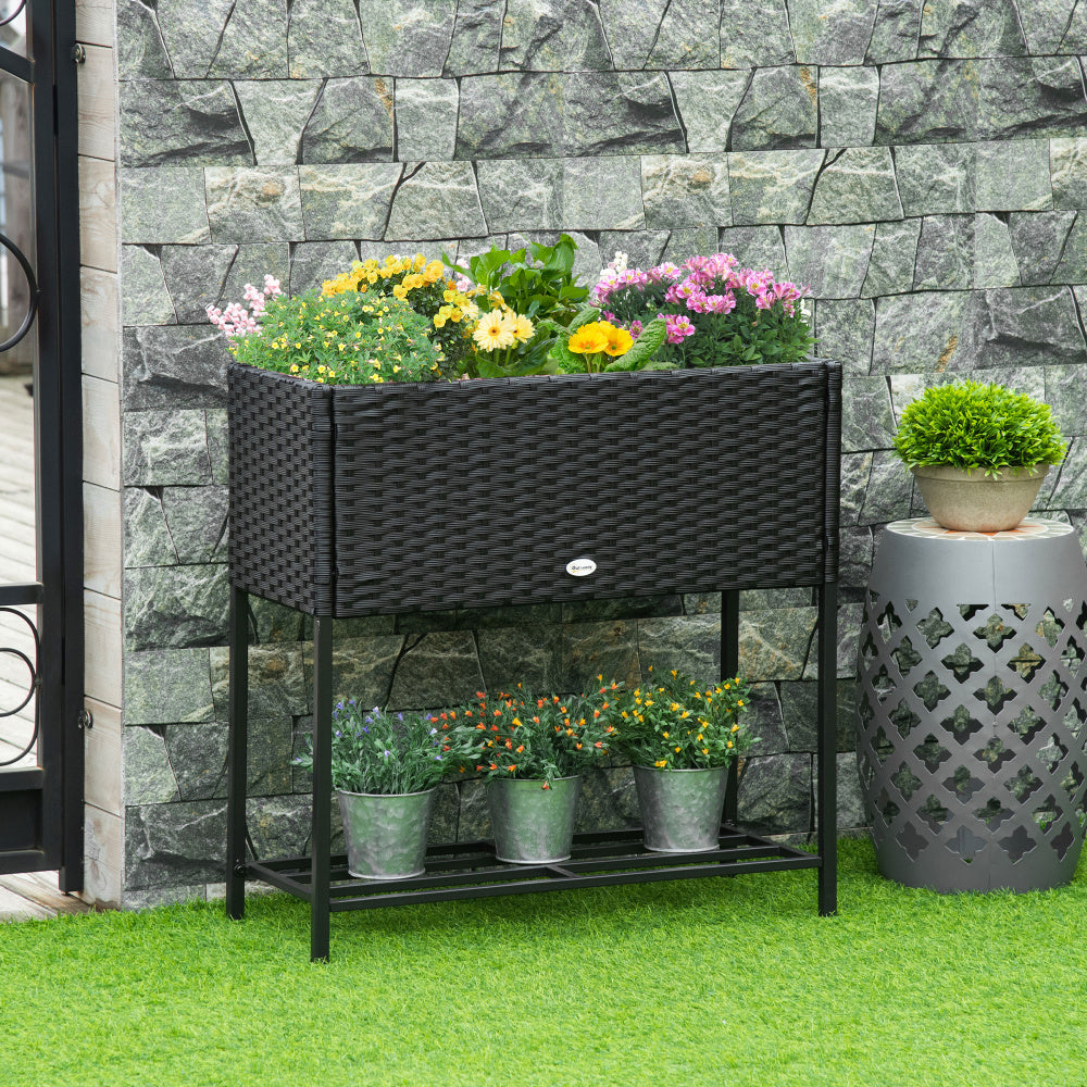 Chic Crate - Raised Garden Bed, Elevated Planter Box with Rattan Wicker Look, Tool Storage Shelf, Portable Design for Herbs, Vegetables, Flowers, Black
