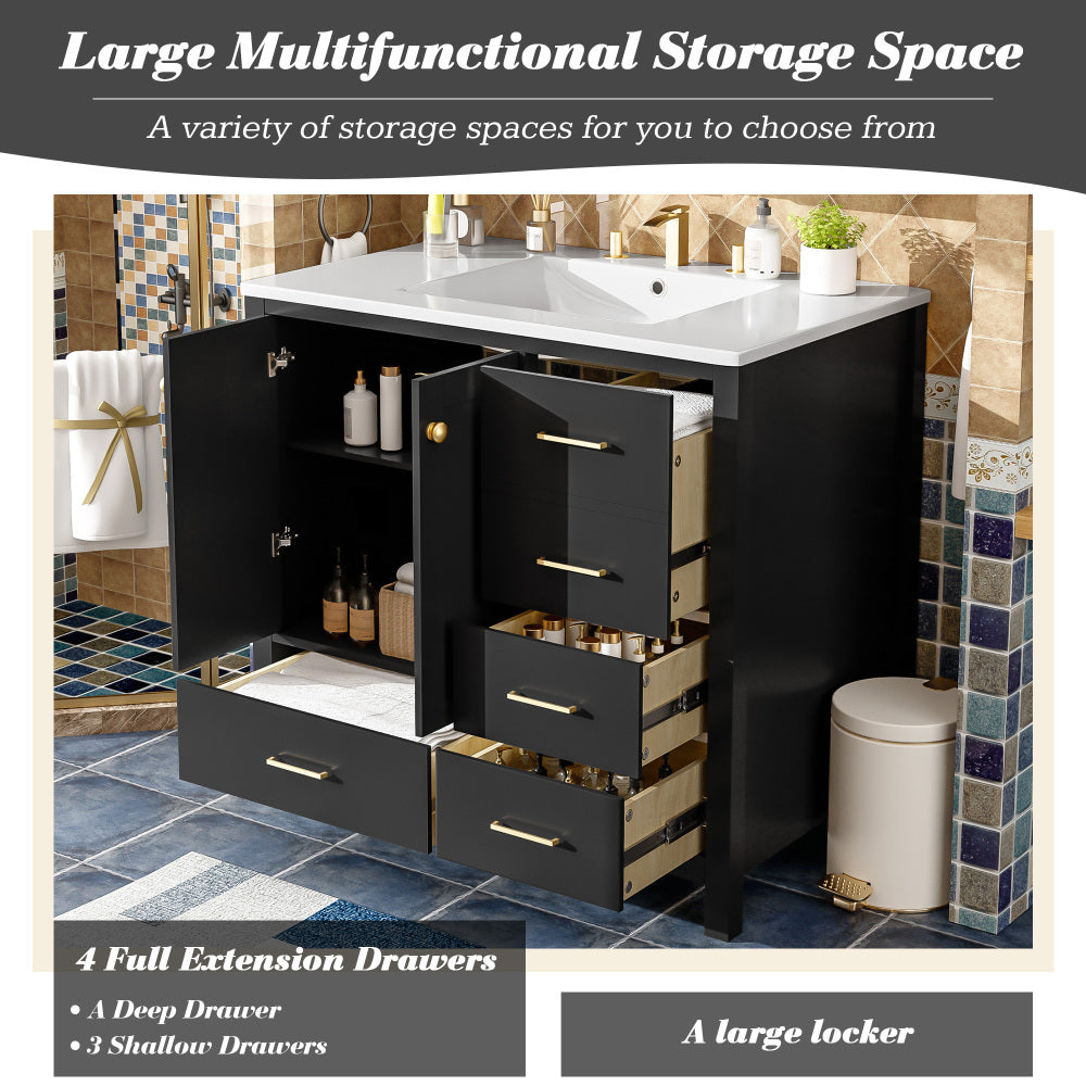 Chic Crate-36In Bathroom Vanity – Ceramic Sink w/4 Drawers & Soft-Close Doors | Solid Wood Frame | Freestanding | Black