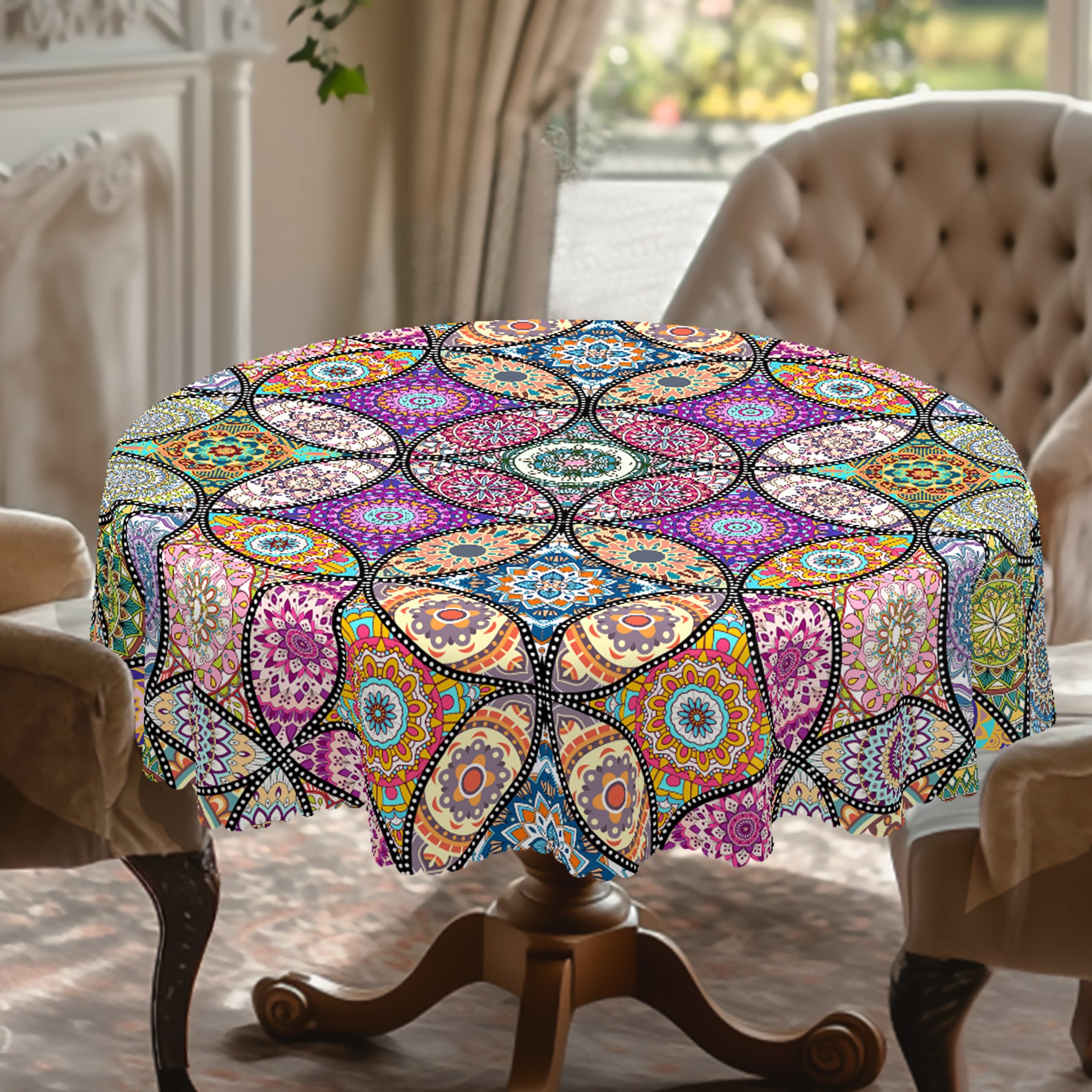Bohemian Tablecloth with Colorful Pattern, Dustproof Easy-Care Dining Table Cover for Indoor Outdoor Use and Festive Decor