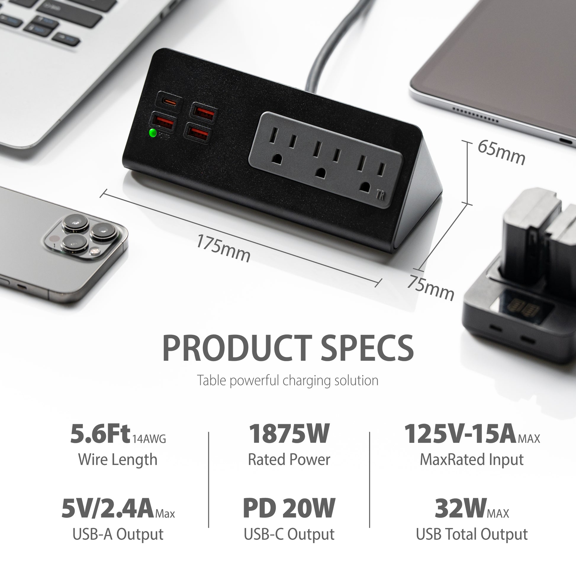 Desktop Power Station, 4 Outlets, 3 USB & USB-C PD, Surge Protector, Clamp Mount, ETL Listed