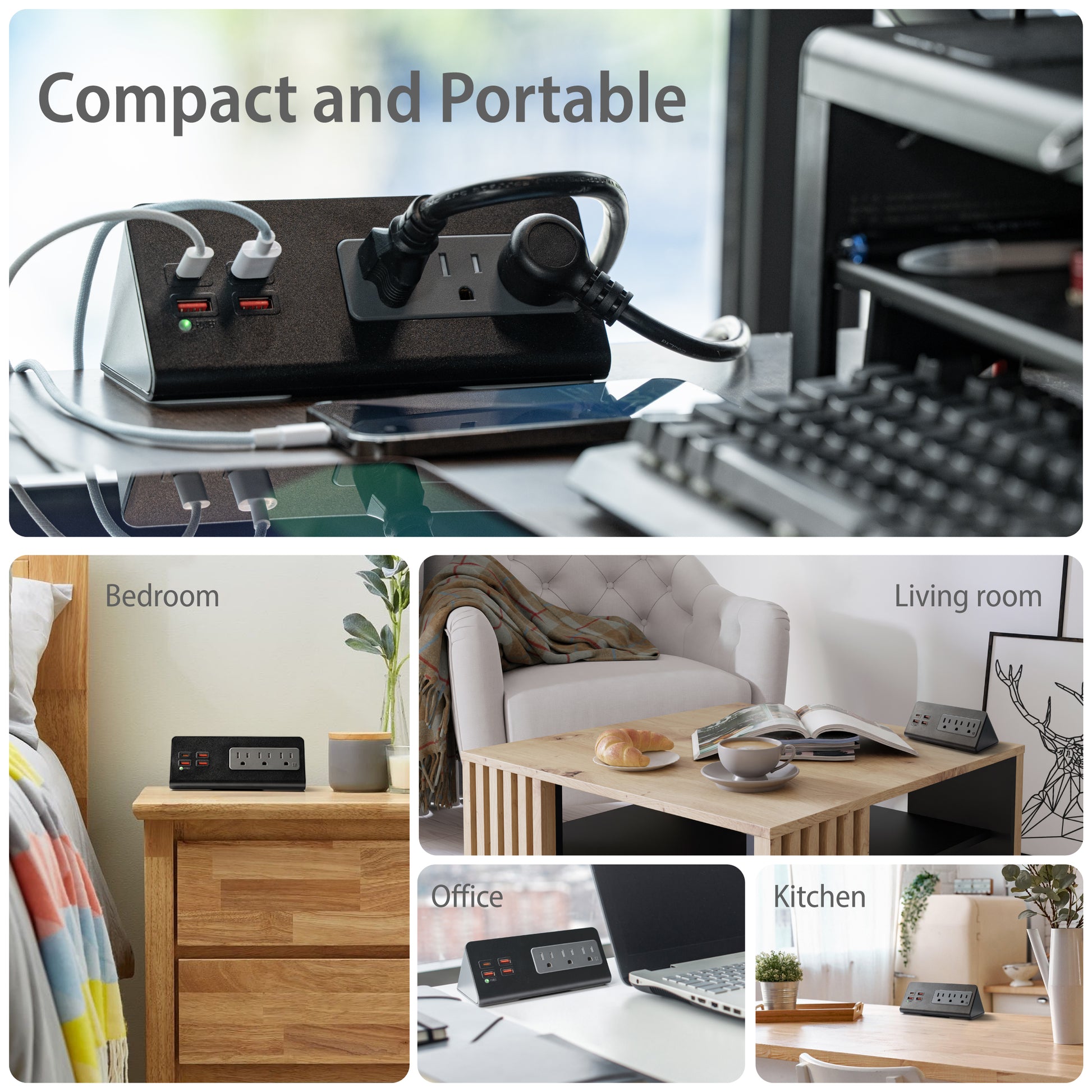 Desktop Power Station, 4 Outlets, 3 USB & USB-C PD, Surge Protector, Clamp Mount, ETL Listed