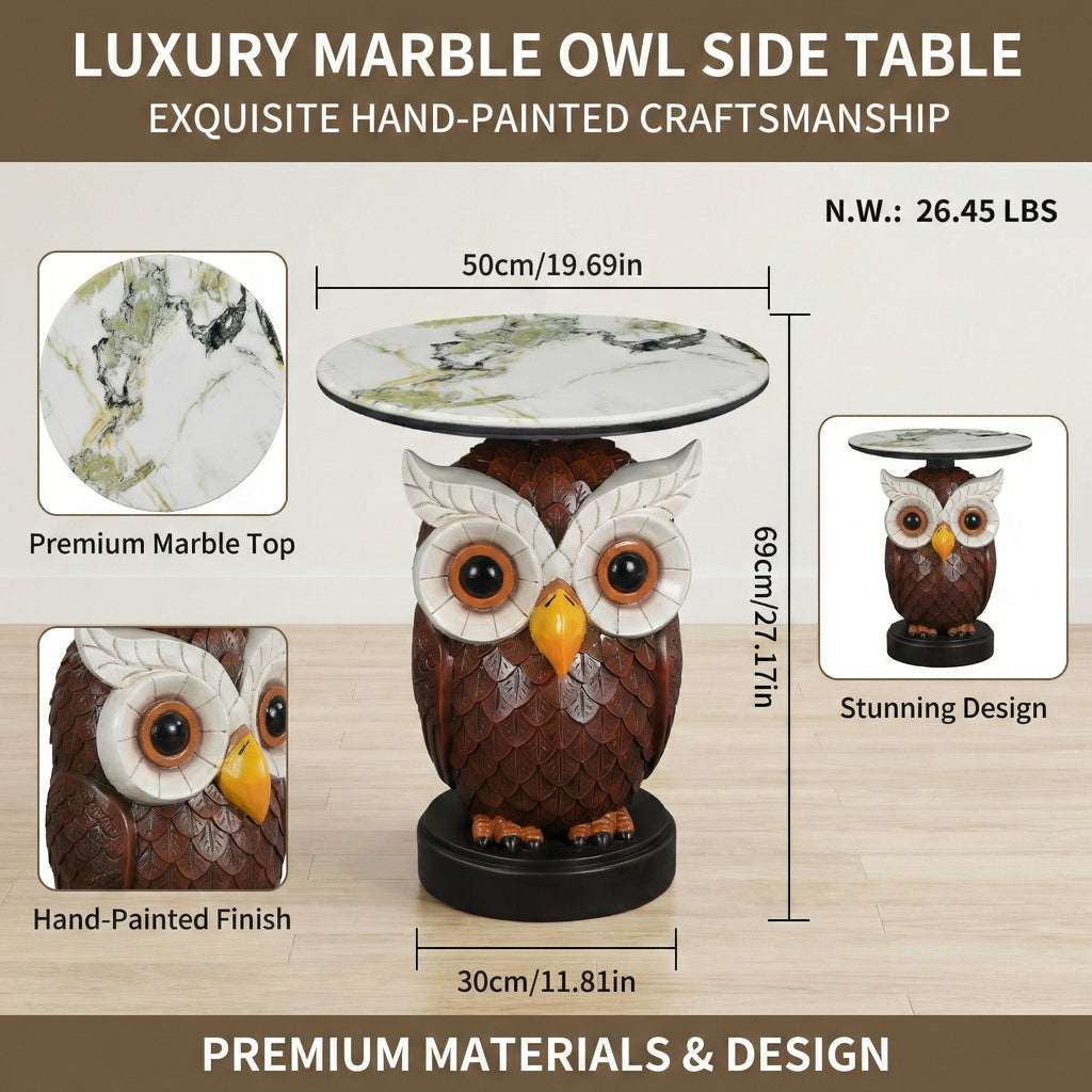 Owl Design Accent Table, Animal Statue End Table for Living Room Home Decor