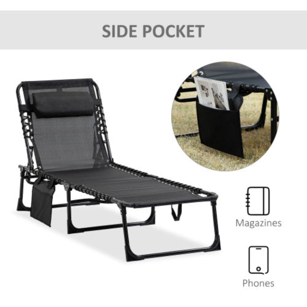 Reclining Chaise Lounge Chair, Portable Folding Sun Lounger Camping Cot with Adjustable Backrest & Removable Pillow for Patio, Garden, Beach, Black