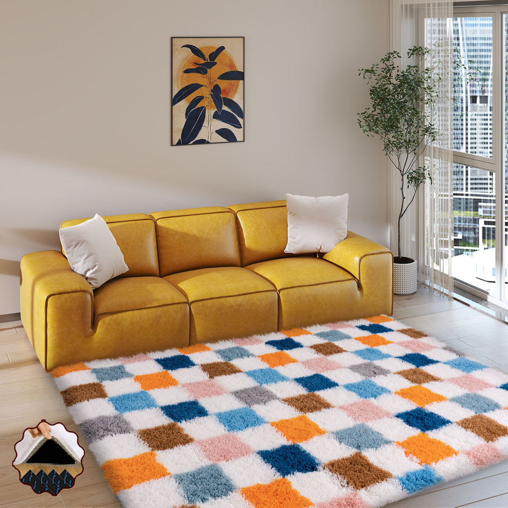 5x7 Feet Checkered Area Rugs For Living Room, Black Modern Super Soft Fluffy Rugs for Bedroom Home Aesthetic Decor