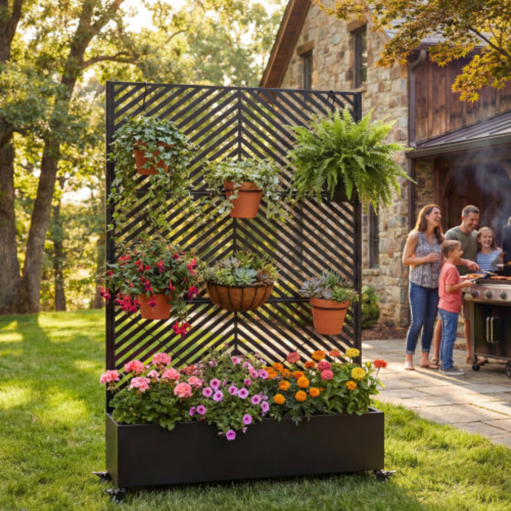 Metal Raised Garden Bed with Wheels, Privacy Screen Drainage Holes & Trellis 73"x47"x16" Planter Box for Outdoor Climbing Plants Vegetables Vines