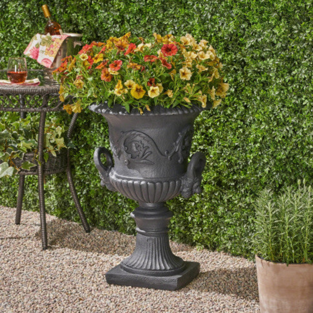 Black Planter with Drainage Hole & Stopper, Faux Stone Square Plant Pot for Indoor Outdoor Flowers Herbs Succulents, Handmade Weather Resistant