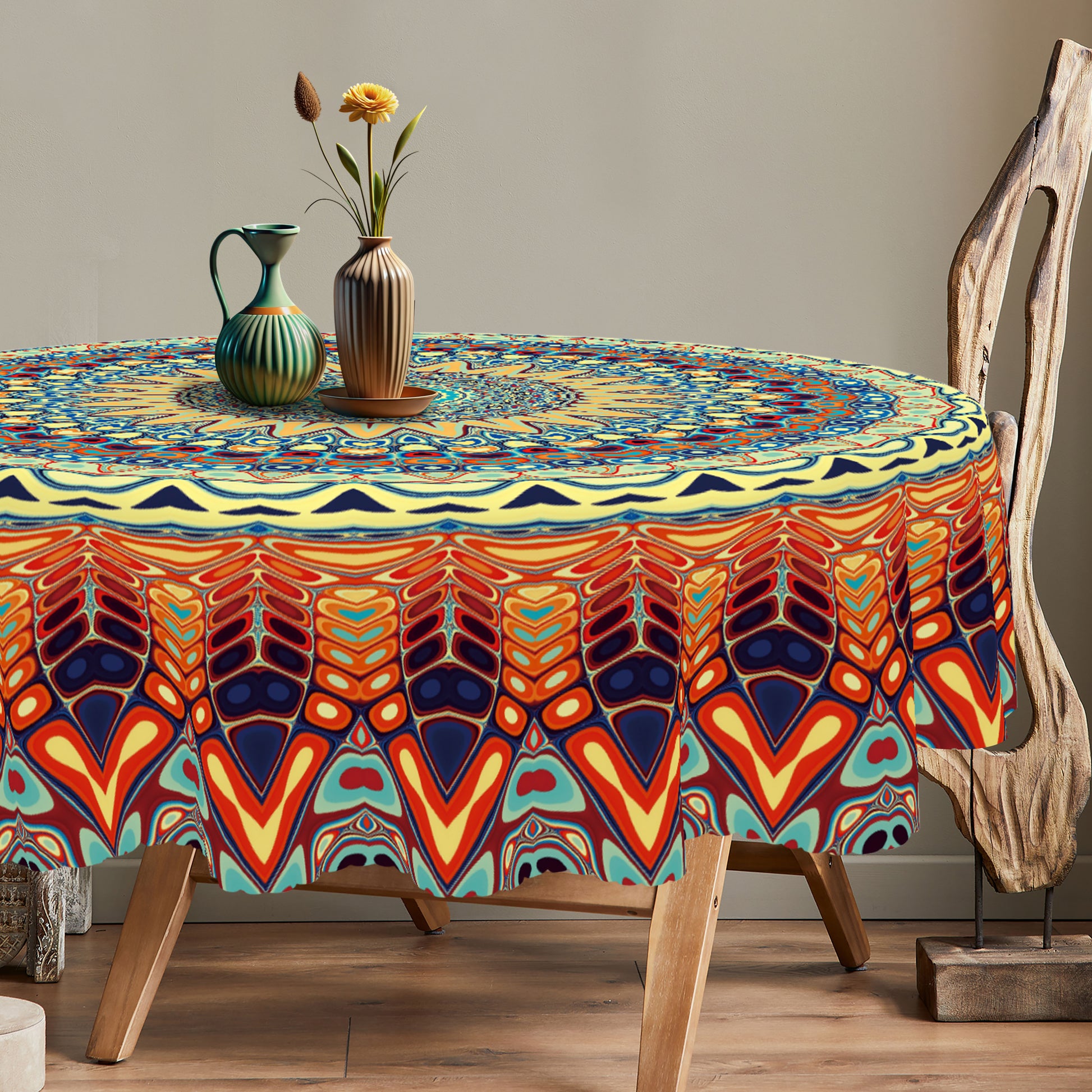 Bohemian Tablecloth with Colorful Pattern, Dustproof Easy-Care Dining Table Cover for Indoor Outdoor Use and Festive Decor