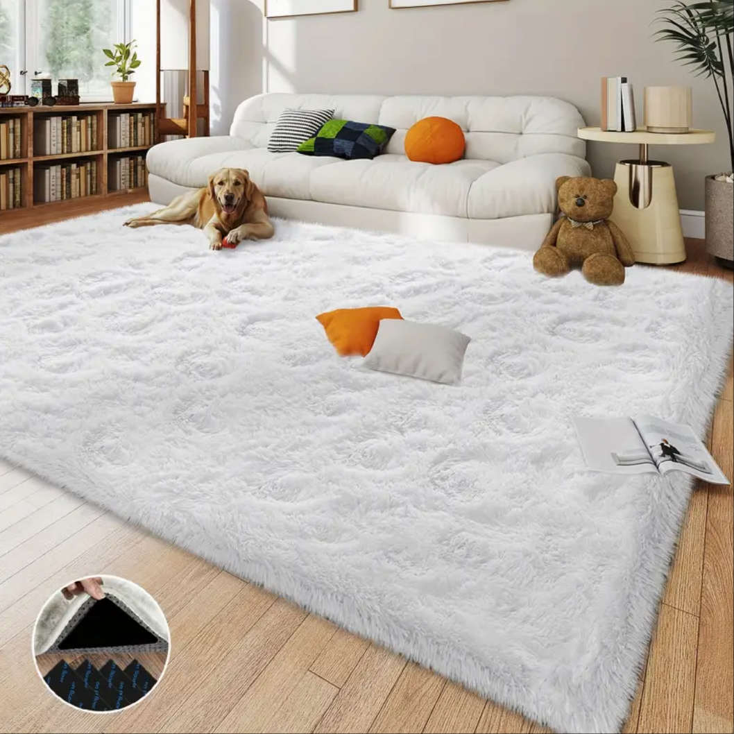 White Shaggy Area Rug with 4 Reusable Stickers, Super Soft Fluffy Non-Slip Carpet for Living Room