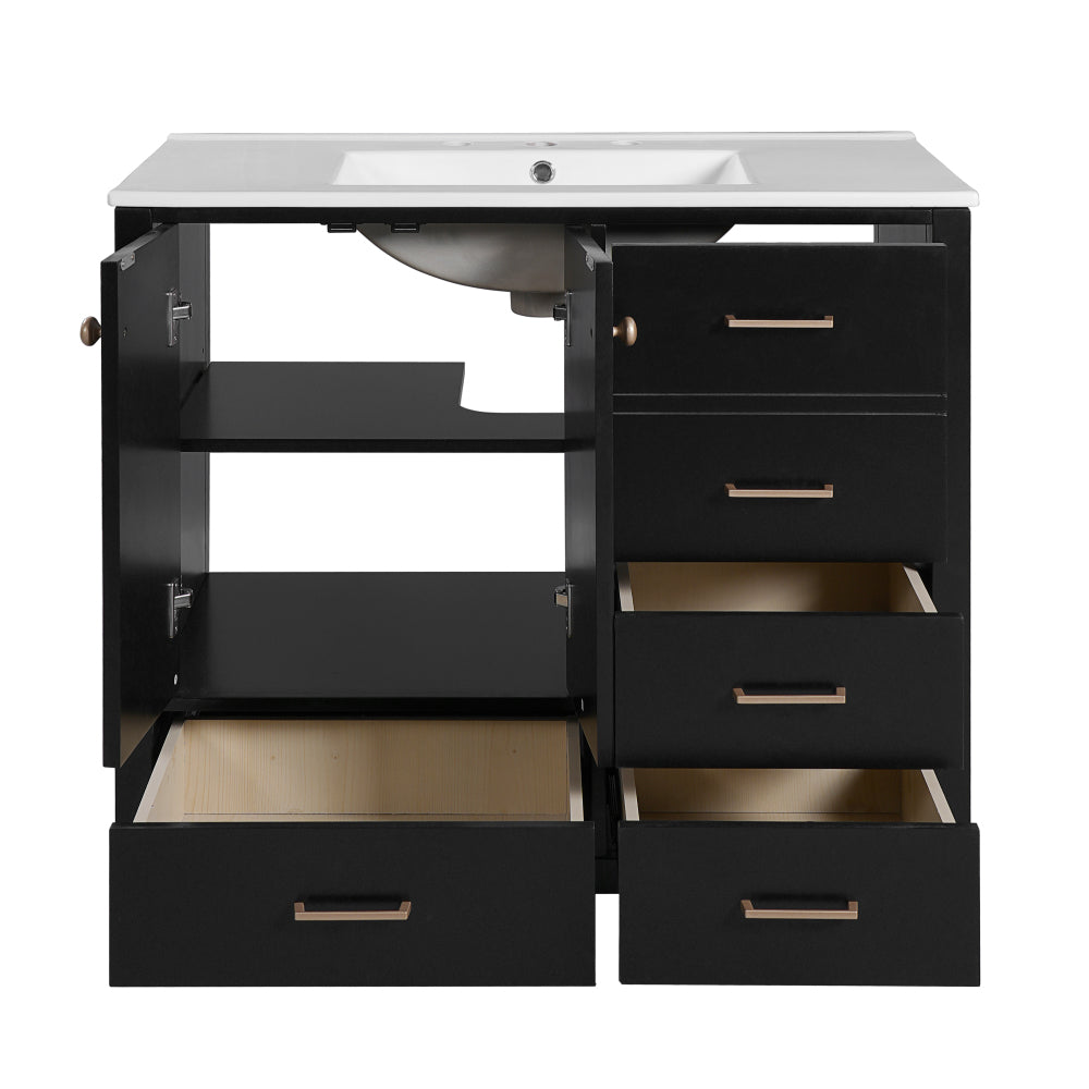 Chic Crate-36In Bathroom Vanity – Ceramic Sink w/4 Drawers & Soft-Close Doors | Solid Wood Frame | Freestanding | Black