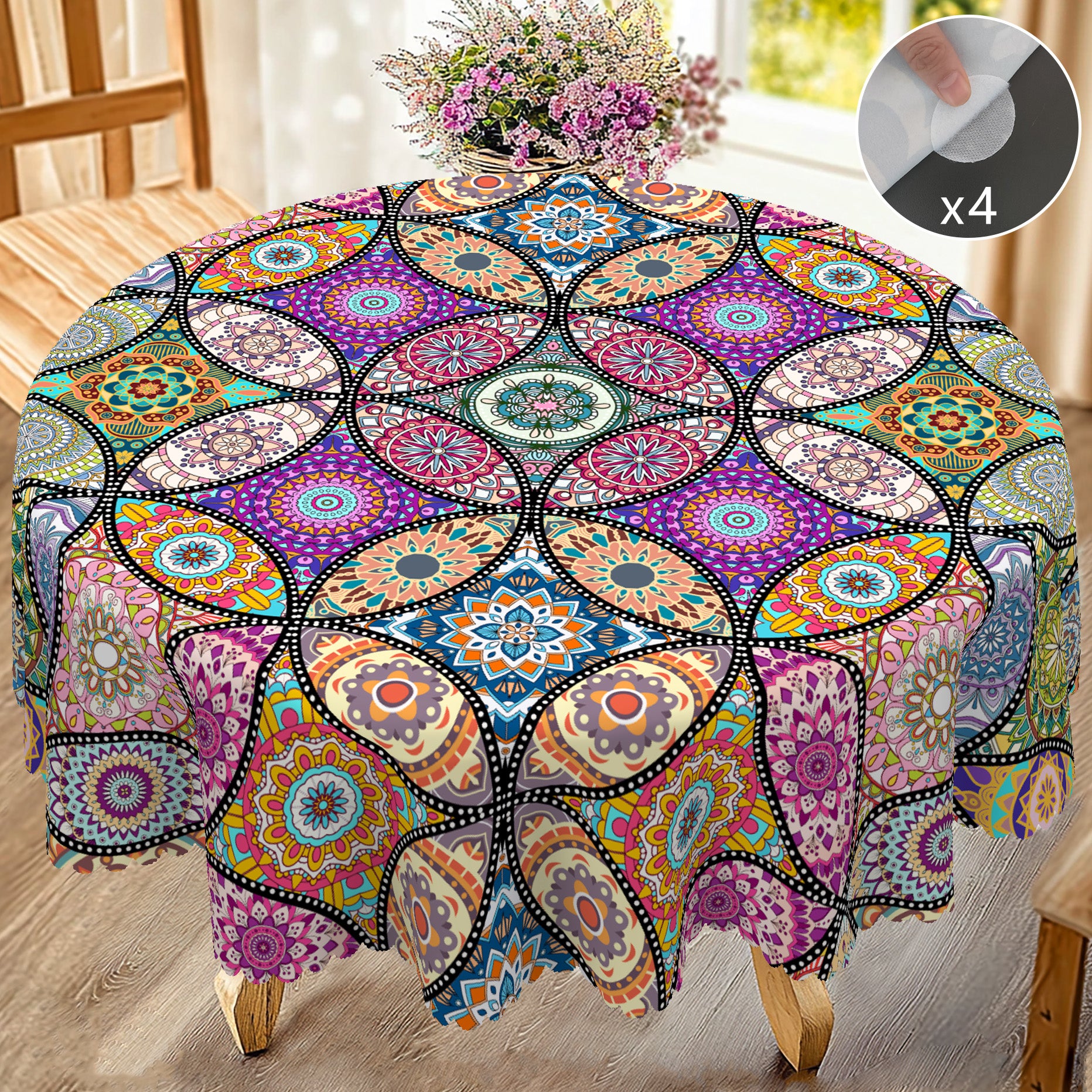 Bohemian Tablecloth with Colorful Pattern, Dustproof Easy-Care Dining Table Cover for Indoor Outdoor Use and Festive Decor