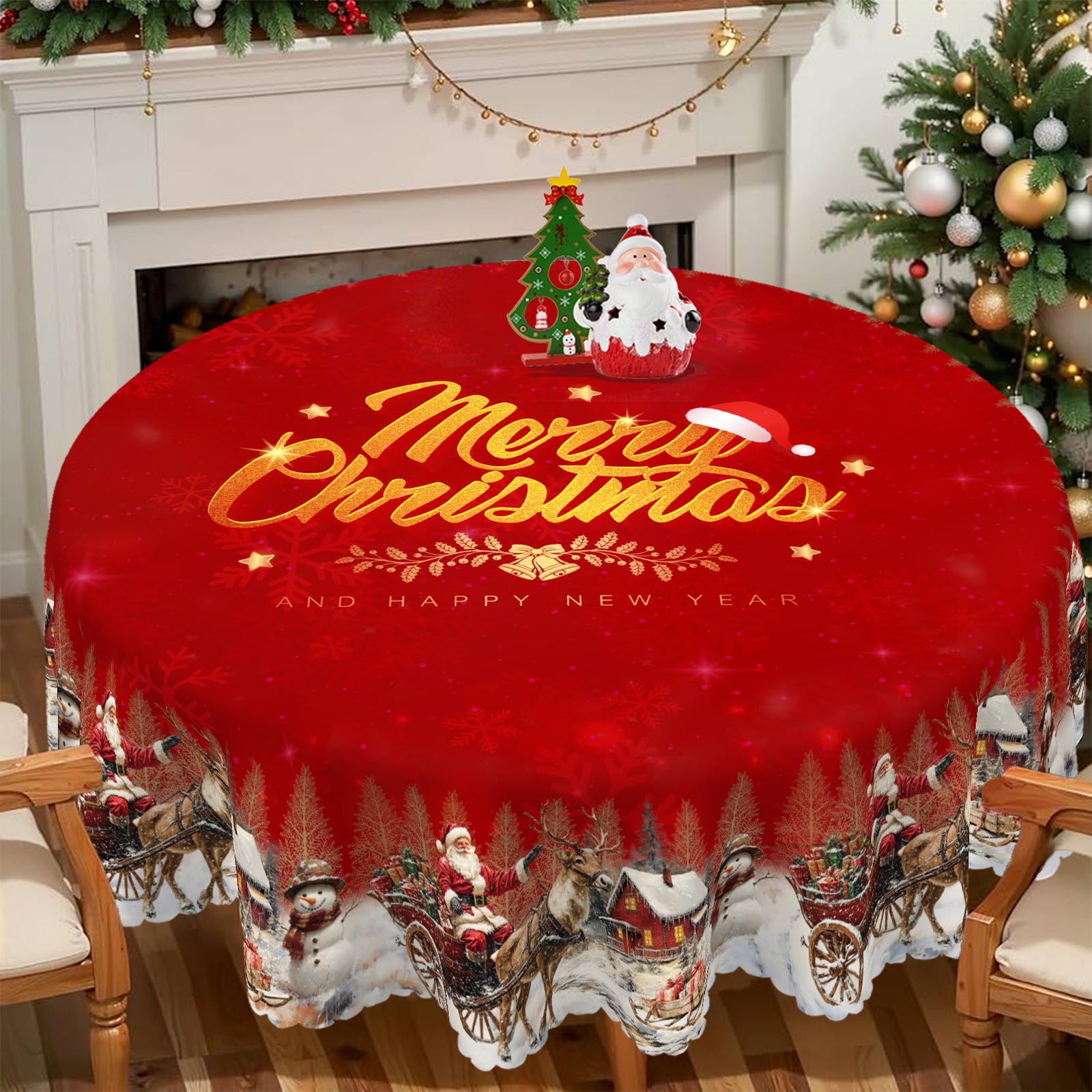 Christmas Tablecloth, Winter Snowman Christmas House Christmas Trees Tablecloth Washable Tablecloth for Party Picnic Dinner Decor