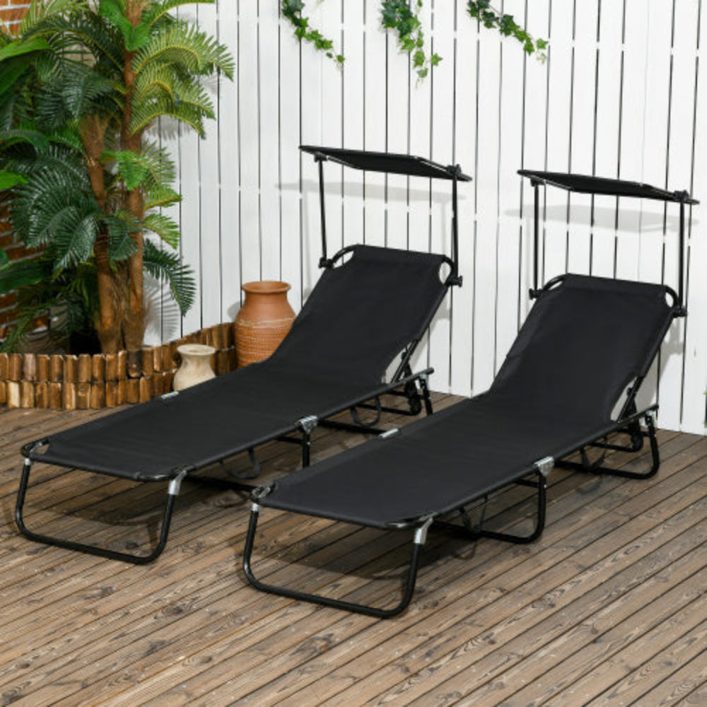 Folding Chaise Lounge Pool Chair with Canopy Shade, Reclining Back, Steel Frame & Side Pocket,  Perfect for Beach, Yard, Patio - 2 PCS Black