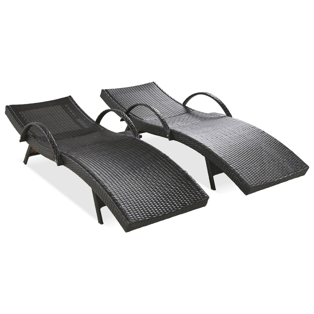 80'' Outdoor Wicker Chaise Lounge Chairs Set of 2, Patio Rattan Reclining Chair Pull-out Side Table Adjustable Backrest Ergonomic Wave Design Pool Sunbathing Recliners, Dark Brown
