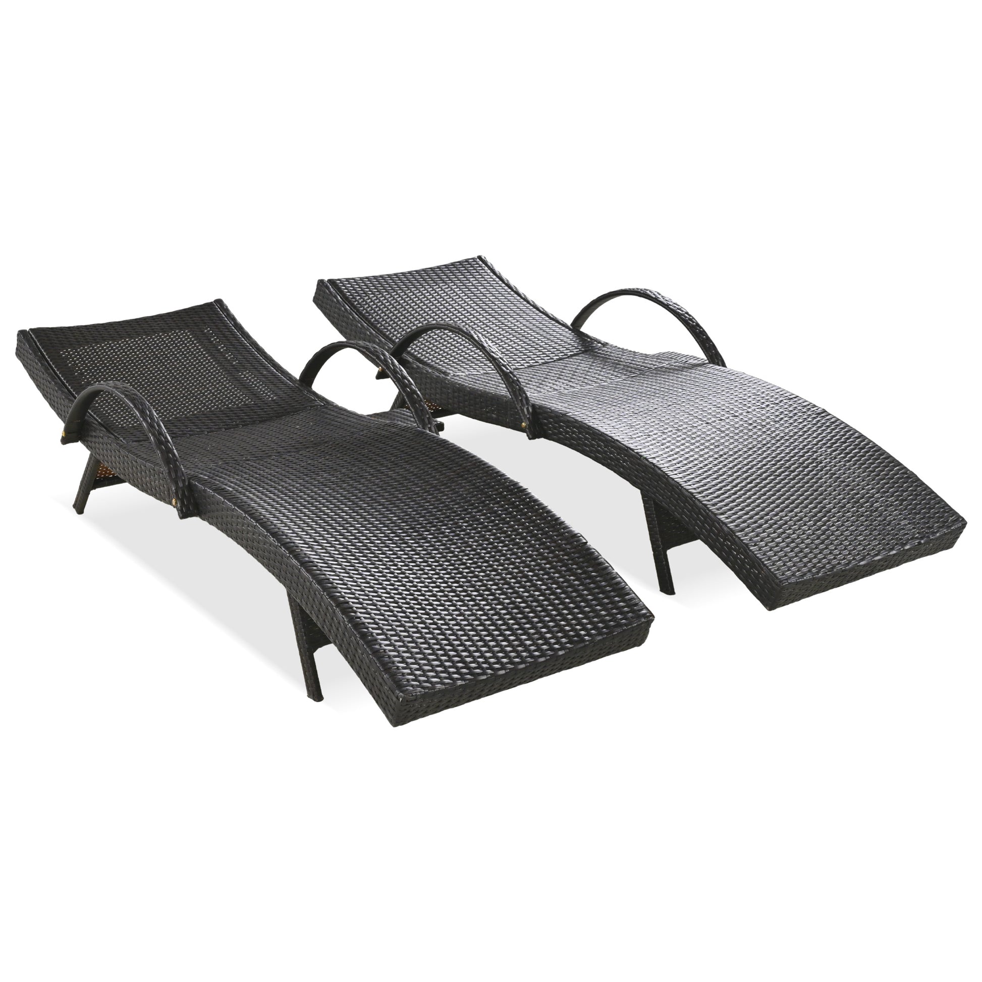 80'' Outdoor Wicker Chaise Lounge Chairs Set of 2, Patio Rattan Reclining Chair Pull-out Side Table Adjustable Backrest Ergonomic Wave Design Pool Sunbathing Recliners, Dark Brown
