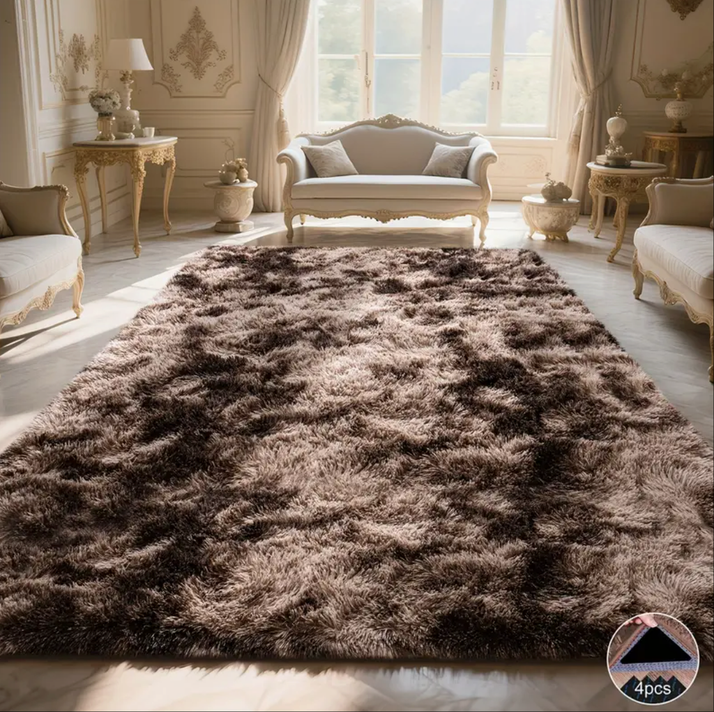 Brown Tie-Dye Shag Rug, Soft Plush Carpet with 4 Non-Slip Pads, Multiple Sizes for Bedroom or Living Room