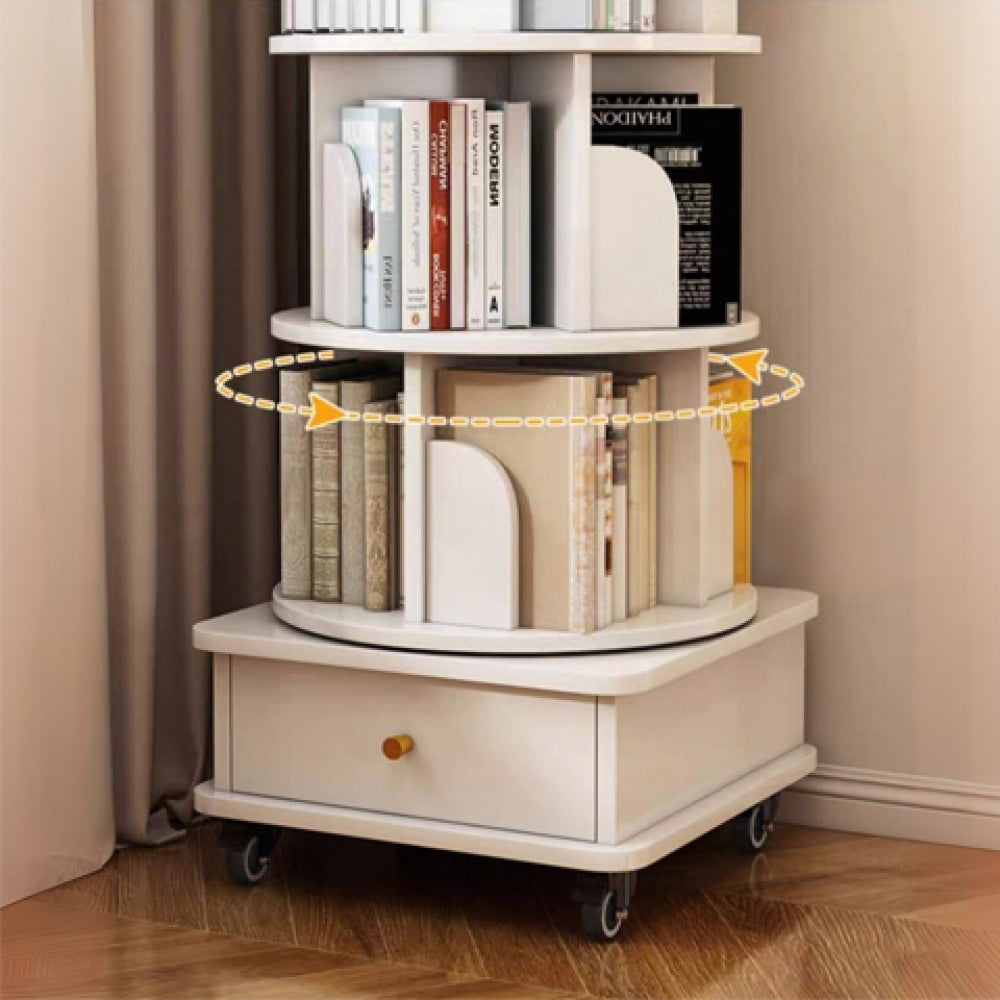 Chic Crate 6-Tier 360° Rotating Bookshelf with Wheels & Drawer, Space-Saving Bookcase for Bedroom & Home Office