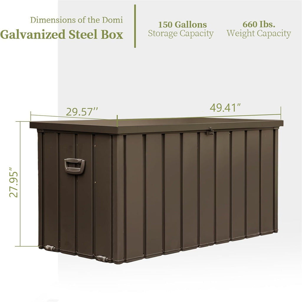150 Gallon Patio Steel Storage Deck Box, Waterproof Lockable Bin for Cushions, Pillows & Tools