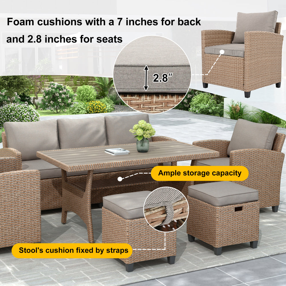 Chic Crate-Rustic Outdoor Wicker Set – 6-Piece Patio Furniture w/ Rattan Sofa, Chairs & Table | Natural Finish | Multi-Room