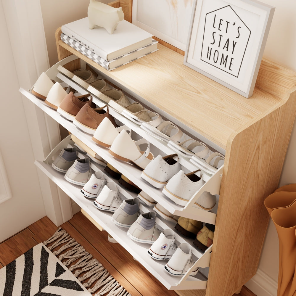 Chic Crate-31.5in Nordic Shoe Storage Cabinet – 2 Flip-Drawer Organizer | Solid Wood Legs | Entryway/Narrow | White/Solid Wood