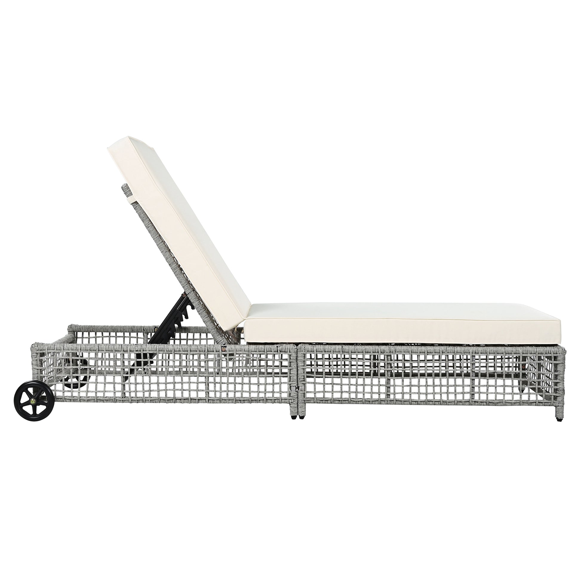 Outdoor Lounge Chair Set of 2, Patio Chaise Lounge with 5-Position Backrest, Rattan Outdoor Lounge Chair with Cushion and Wheels for Poolside, Backyard, Garden