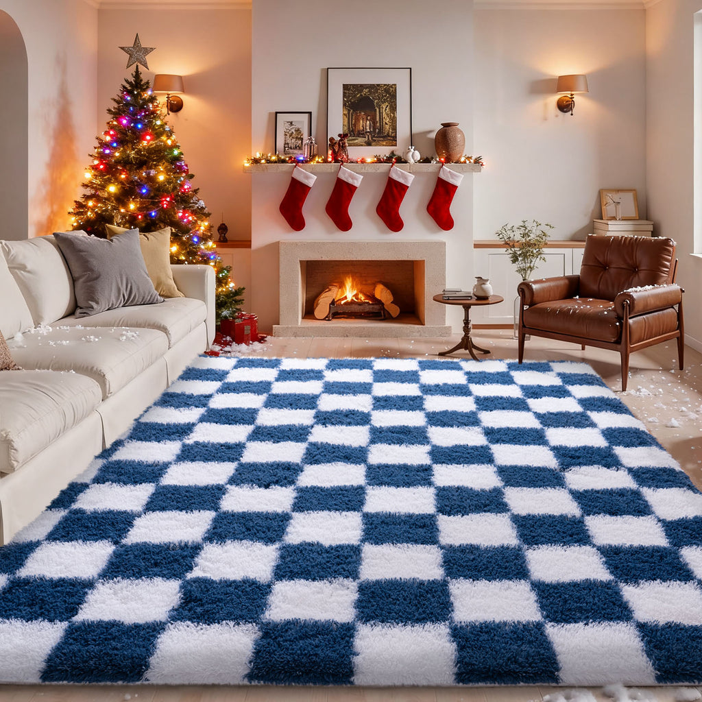 5x7 Feet Checkered Area Rugs For Living Room, Black Modern Super Soft Fluffy Rugs for Bedroom Home Aesthetic Decor