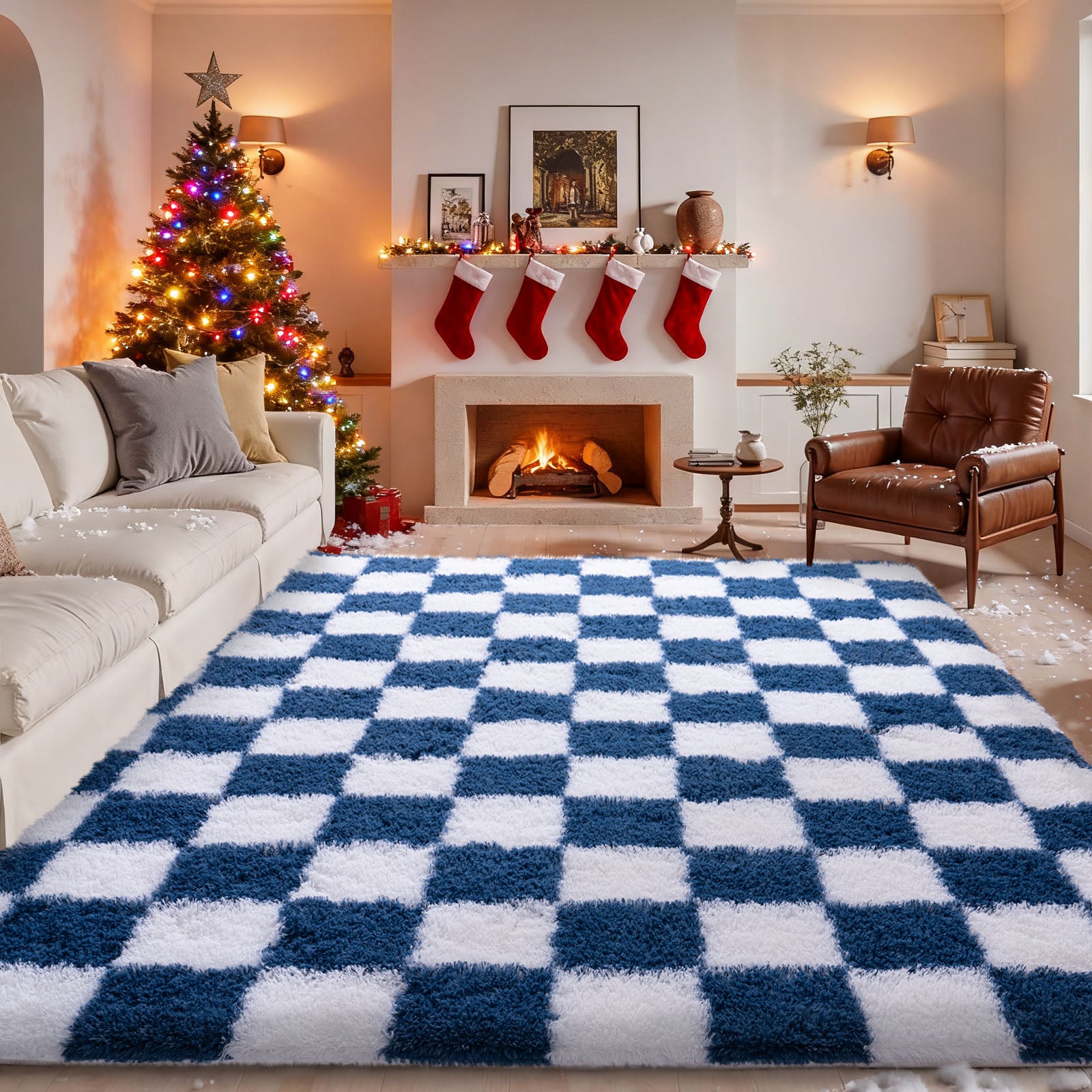 5x7 Feet Checkered Area Rugs For Living Room, Black Modern Super Soft Fluffy Rugs for Bedroom Home Aesthetic Decor