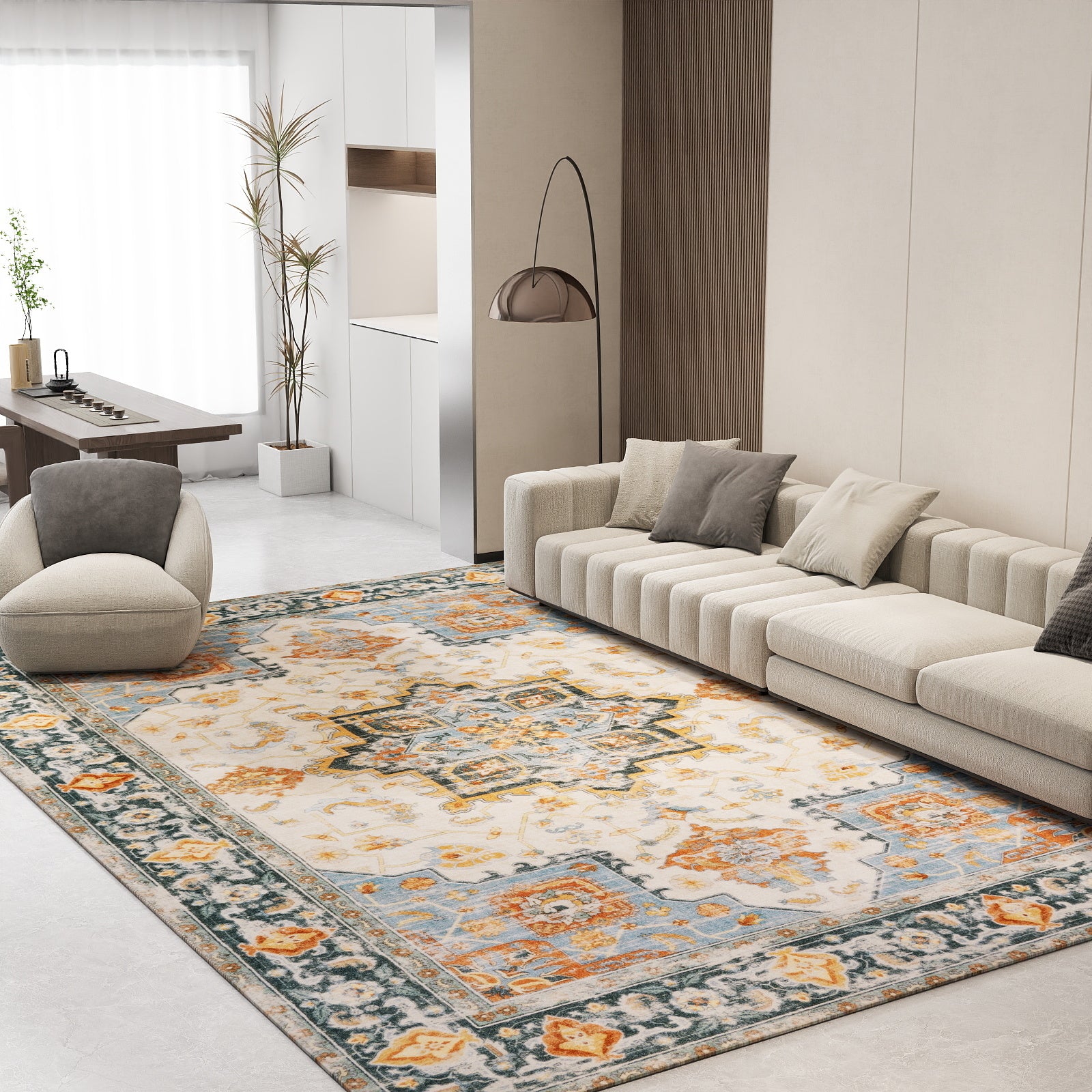 5x7ft Washable Vintage Area Rug, Thin Distressed Non-Slip Carpet for Living Room Bedroom, Kitchen Dining Room Decor