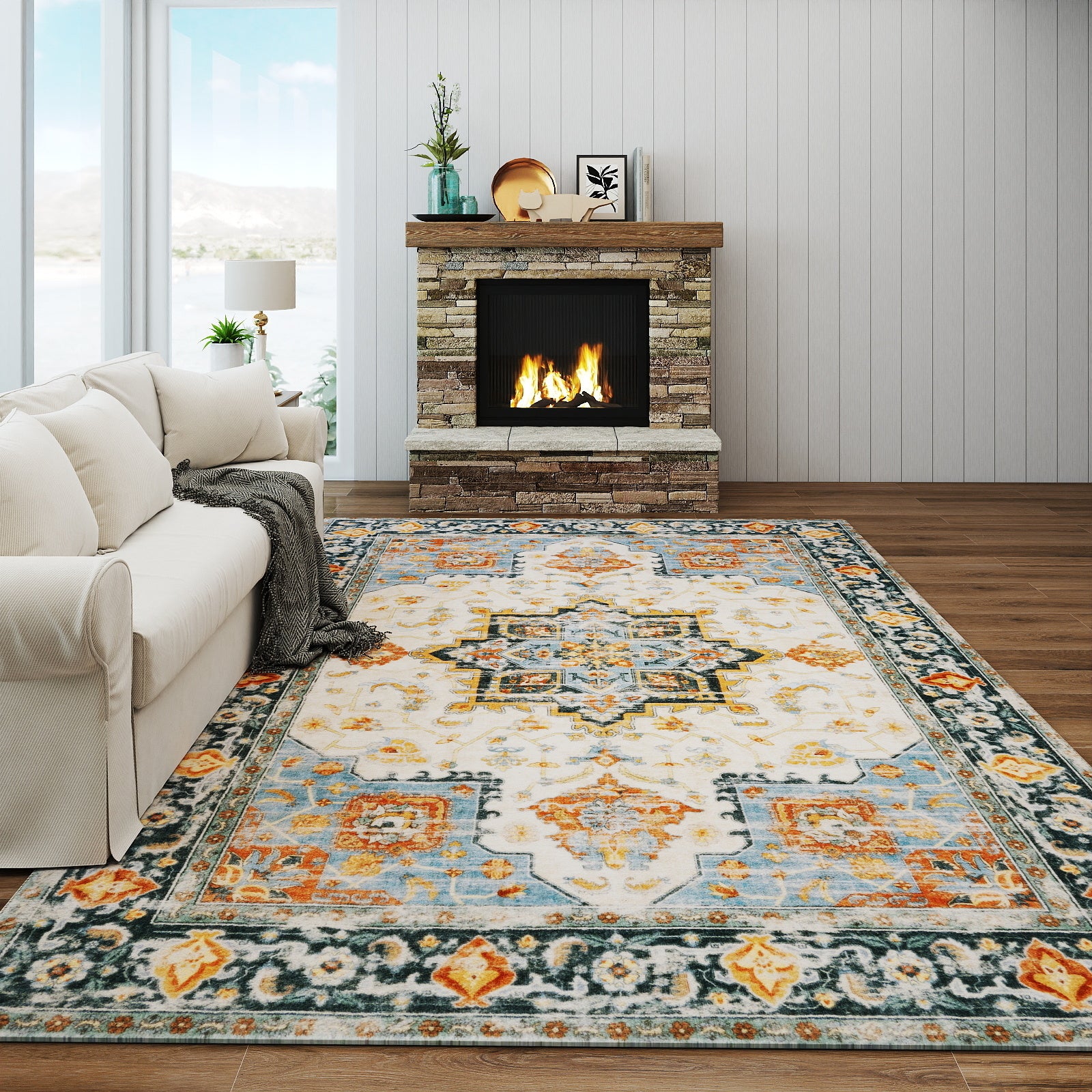 5x7ft Washable Vintage Area Rug, Thin Distressed Non-Slip Carpet for Living Room Bedroom, Kitchen Dining Room Decor