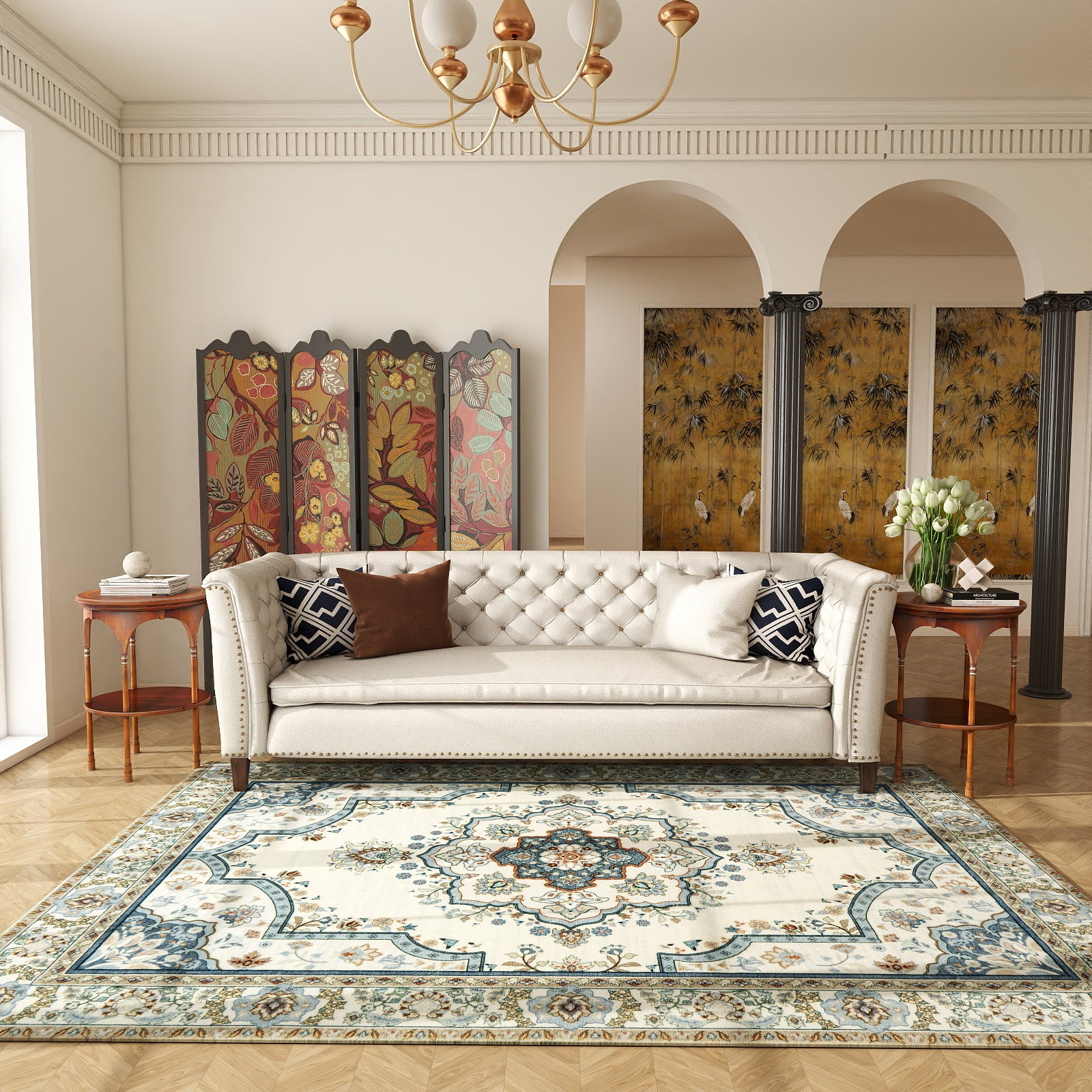 5x7ft Washable Oriental Floral Prints Area Rug, Thin Distressed Non-Slip Carpet for Living Room Bedroom, Kitchen Dining Room Decor