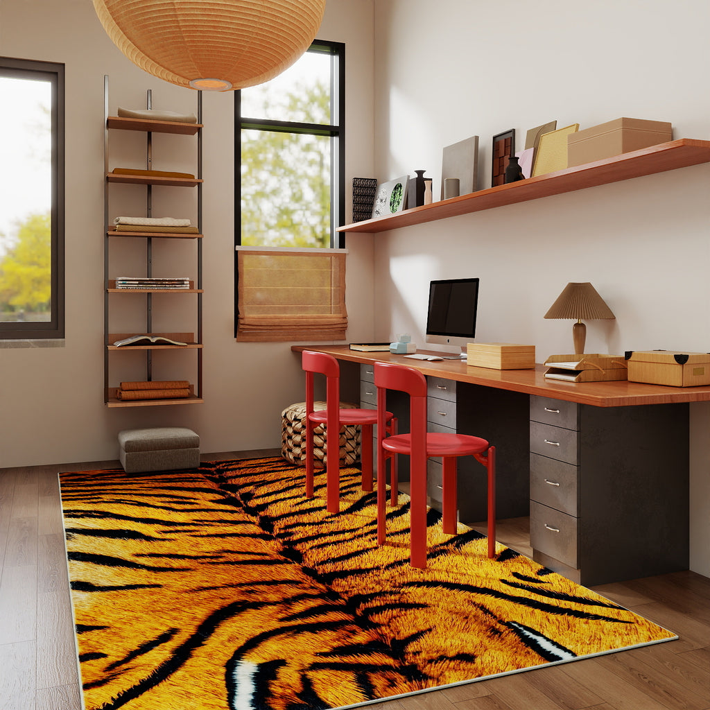 Tiger Stripe Area Rug, 5x7ft Washable Leopard Print Non-Slip Carpet for Living Room Bedroom, Animal Pattern Home Decor