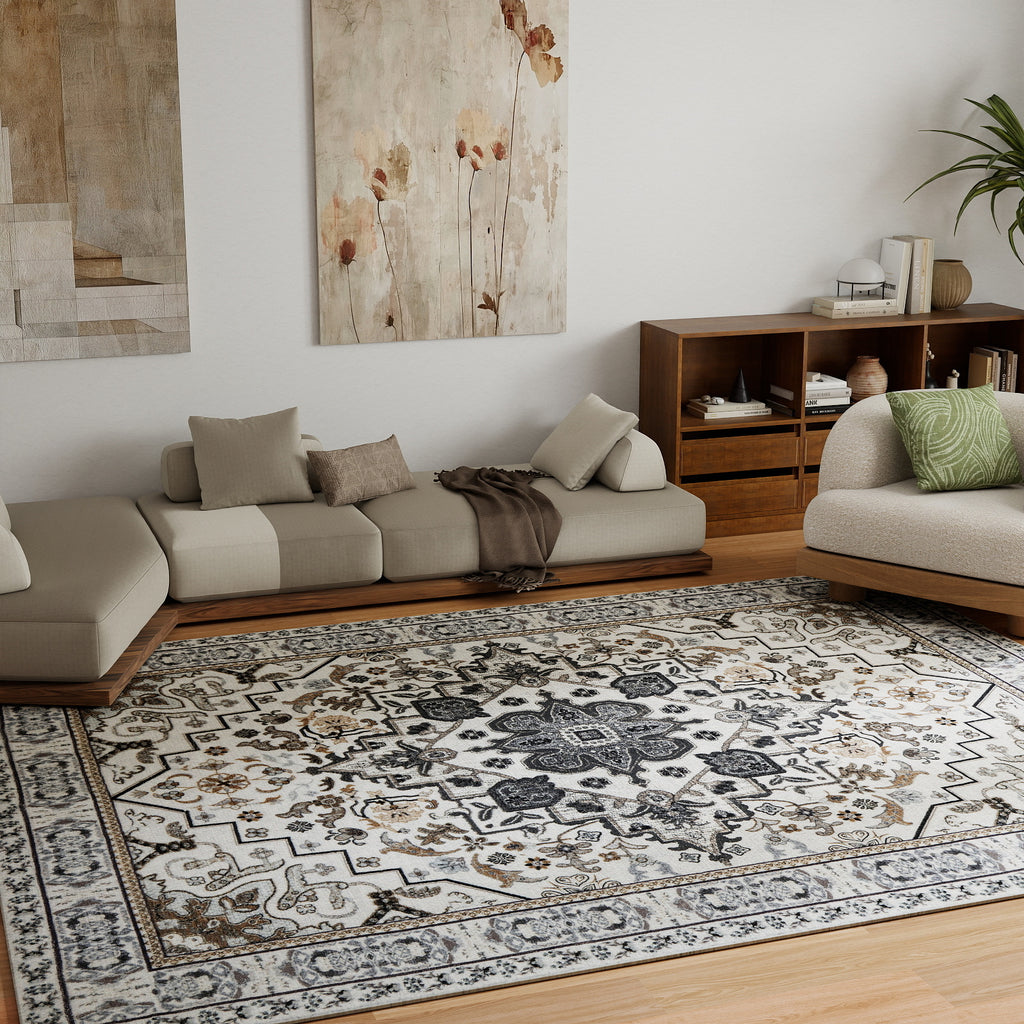 5x7ft Washable Traditional Area Rug, Thin Distressed Non-Slip Carpet for Living Room Bedroom Kitchen Dining Room Home Decor