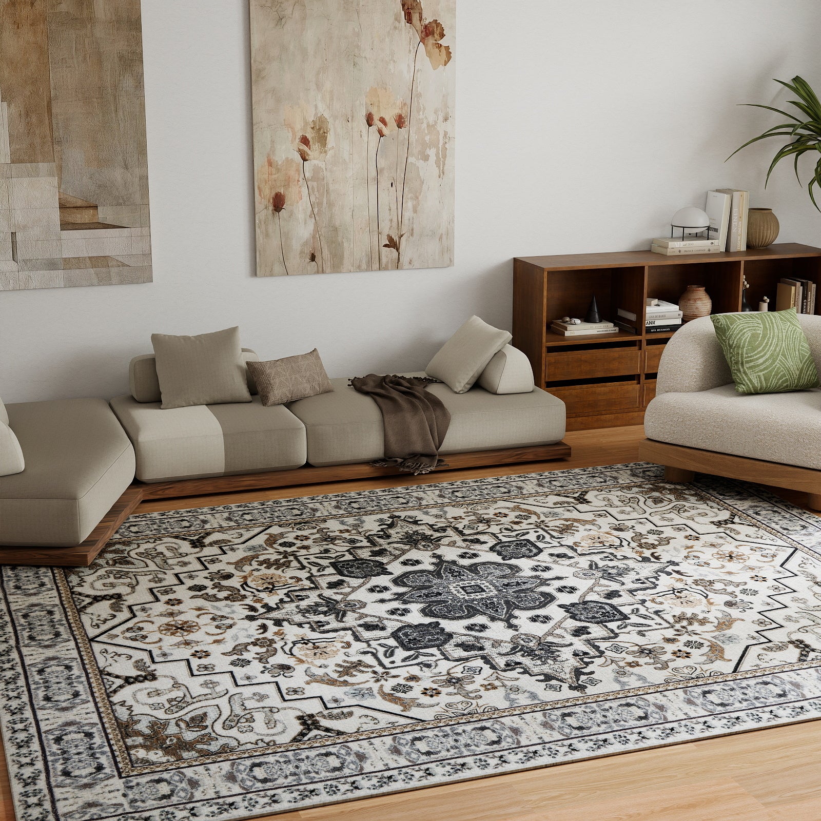 5x7ft Washable Traditional Area Rug, Thin Distressed Non-Slip Carpet for Living Room Bedroom Kitchen Dining Room Home Decor