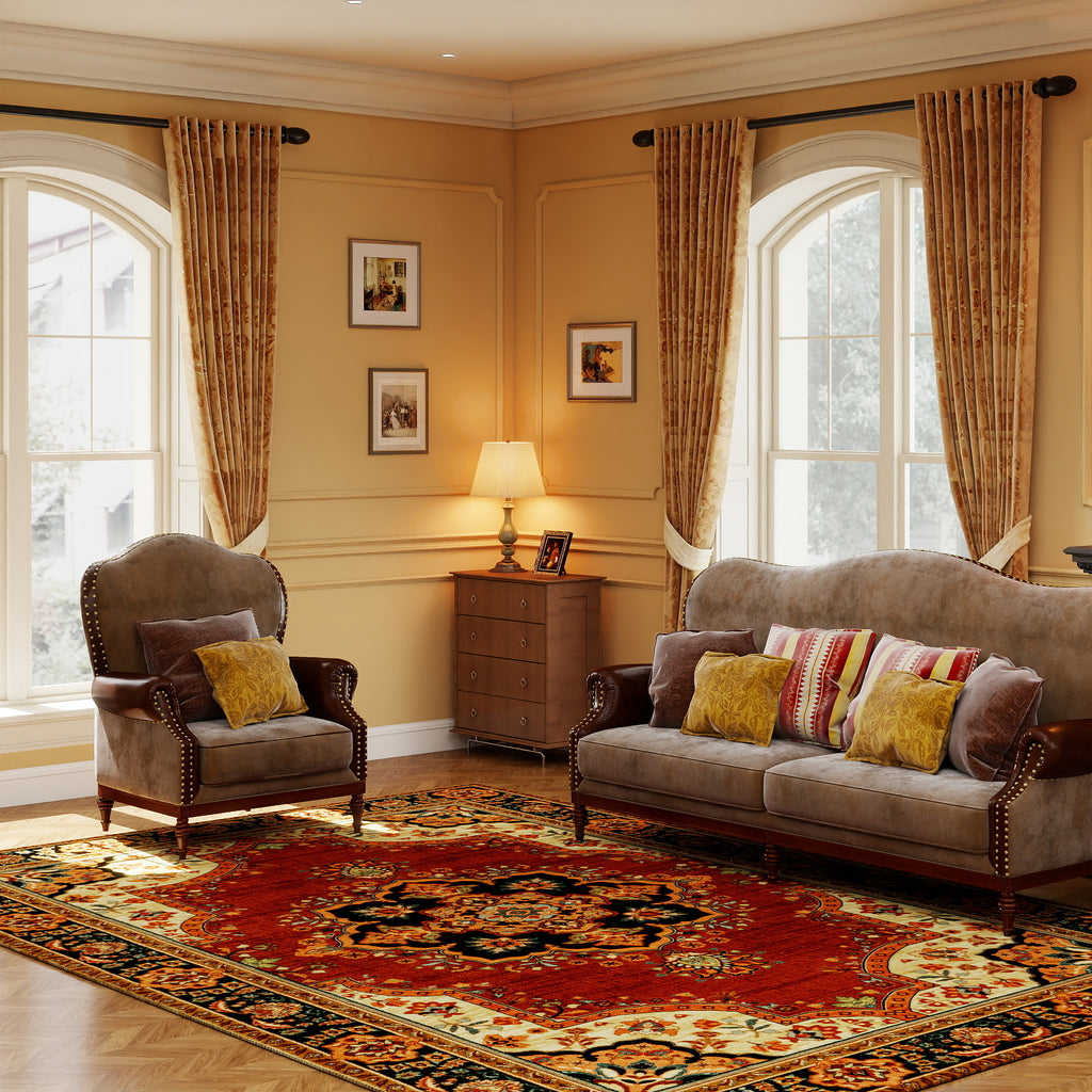 5x7ft Washable Oriental Floral Prints Area Rug, Thin Distressed Non-Slip Carpet for Living Room Bedroom, Kitchen Dining Room Decor