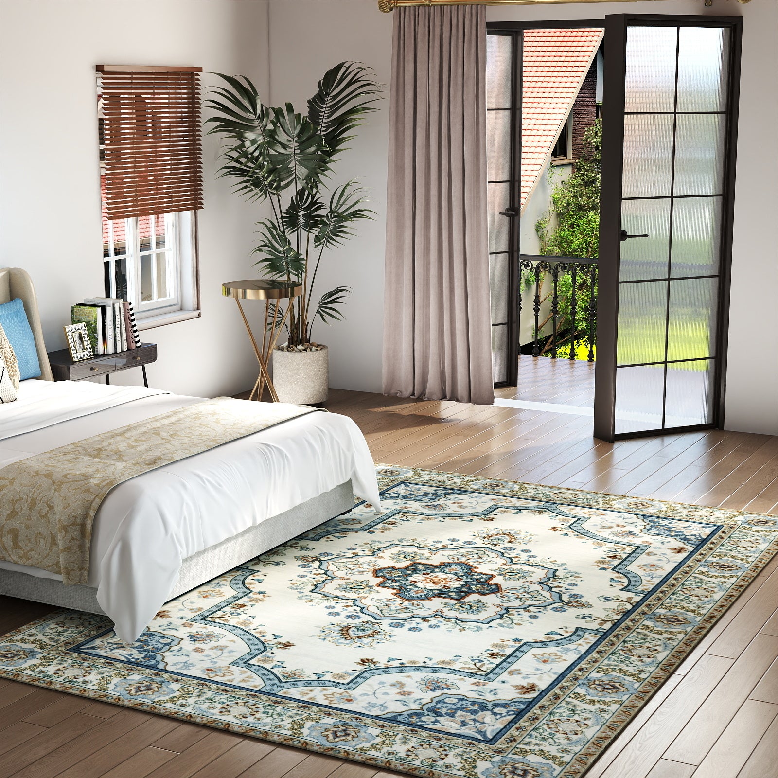 5x7ft Washable Oriental Floral Prints Area Rug, Thin Distressed Non-Slip Carpet for Living Room Bedroom, Kitchen Dining Room Decor