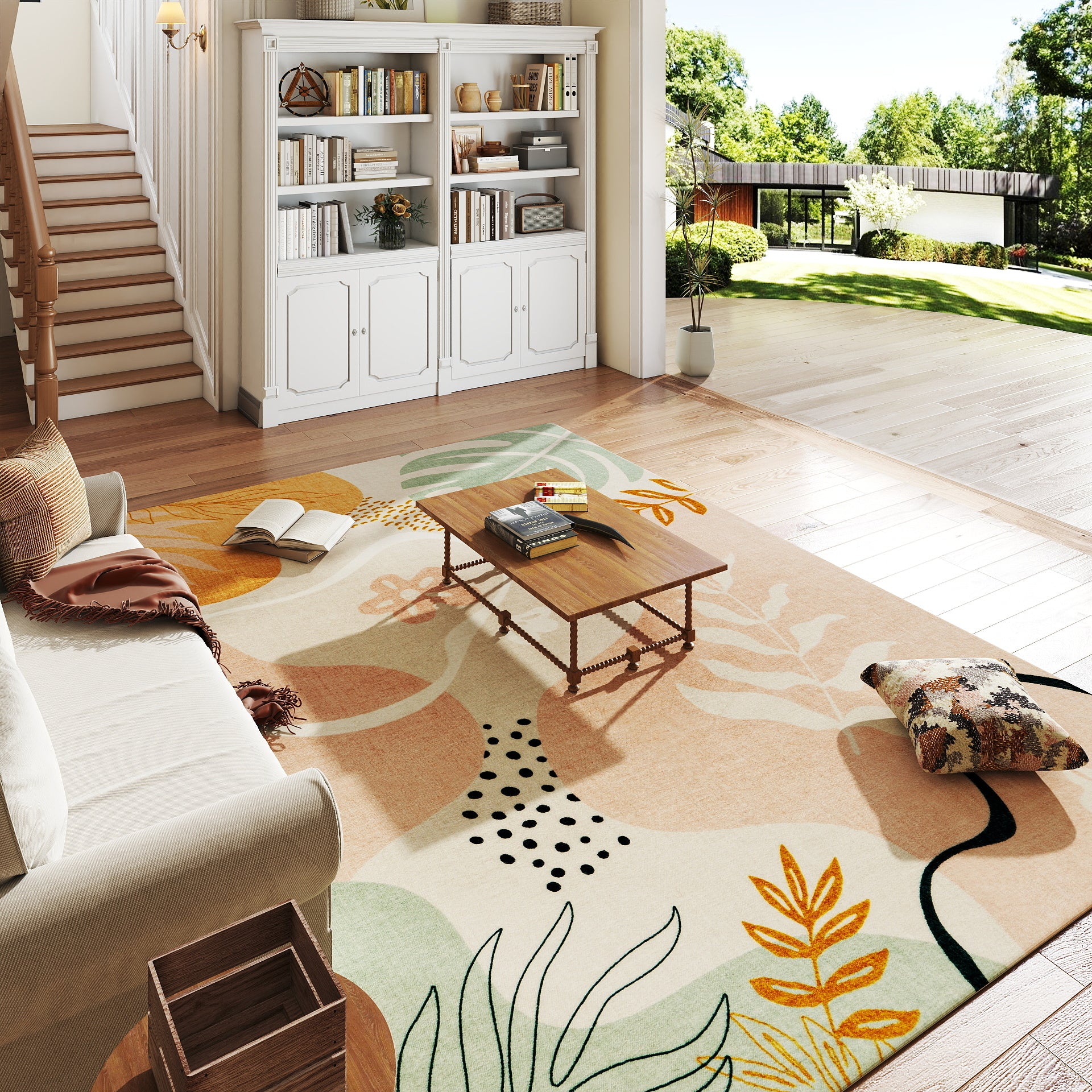 5x7ft Washable Abstract Print Multi-Color Area Rug, Thin Distressed Non-Slip Carpet for Living Room Bedroom,  Home Decor