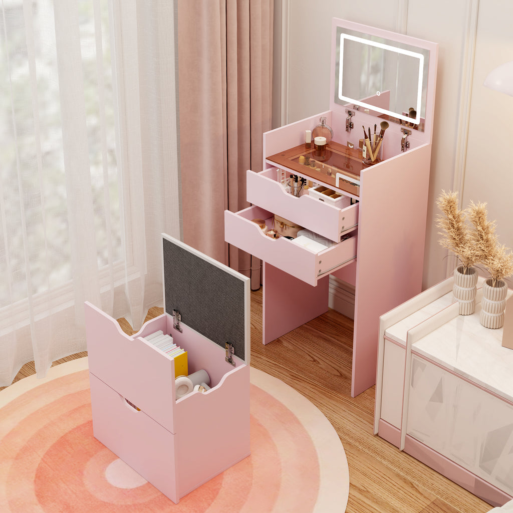 Makeup Vanity with Lights, 3-in-1 Vanity Desk Set with HD Mirror, 2 Drawers & Hidden Storage Stool