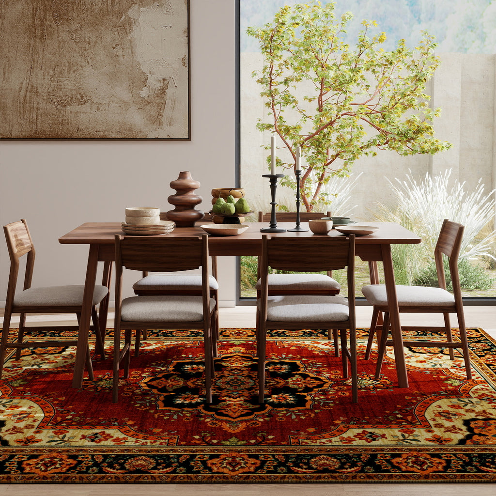 5x7ft Washable Oriental Floral Prints Area Rug, Thin Distressed Non-Slip Carpet for Living Room Bedroom, Kitchen Dining Room Decor