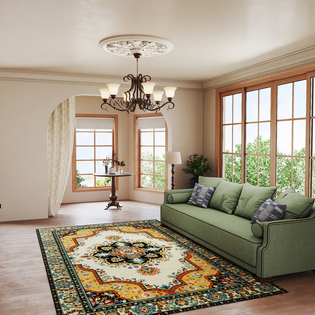 5x7ft Washable Oriental Floral Prints Area Rug, Thin Distressed Non-Slip Carpet for Living Room Bedroom, Kitchen Dining Room Decor