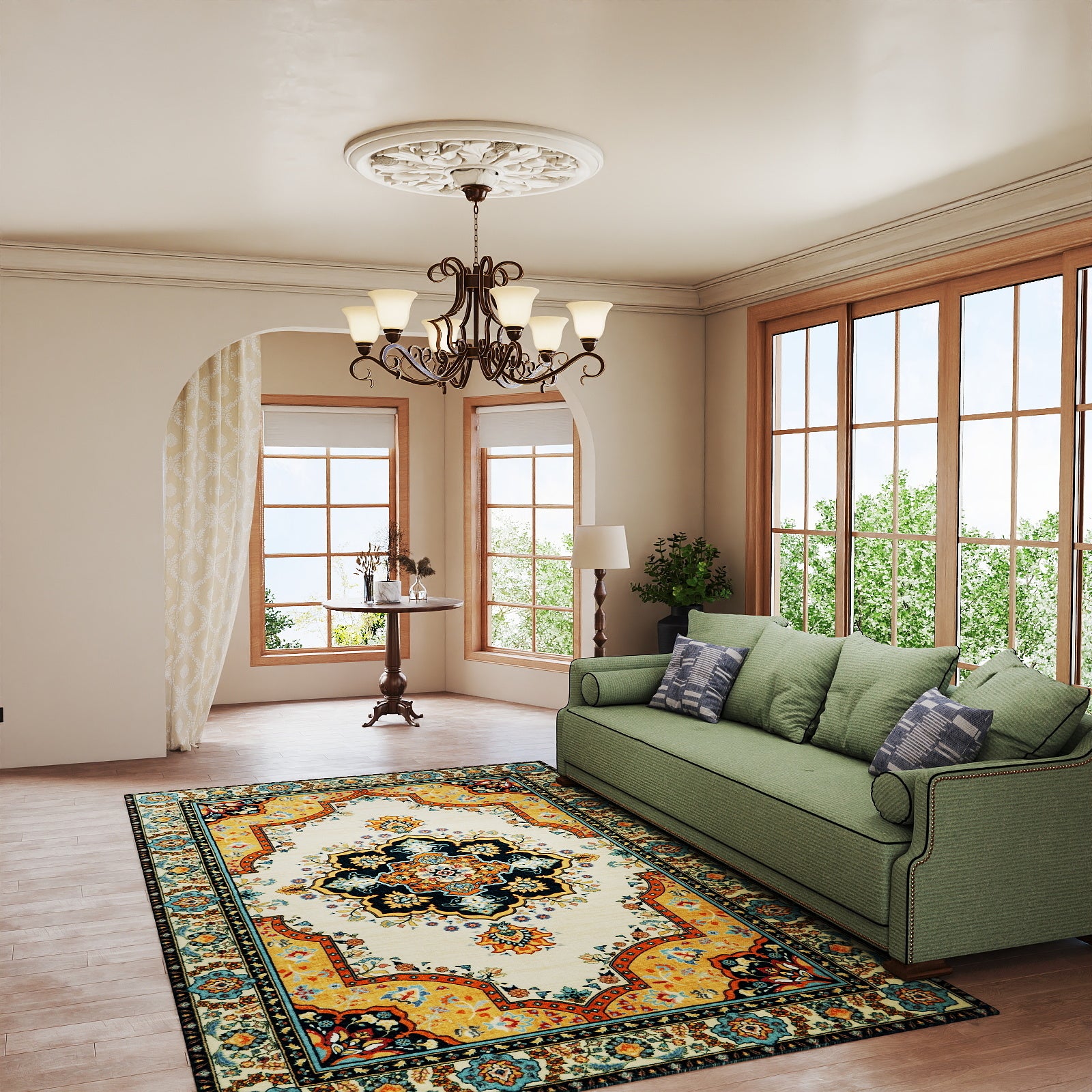 5x7ft Washable Oriental Floral Prints Area Rug, Thin Distressed Non-Slip Carpet for Living Room Bedroom, Kitchen Dining Room Decor