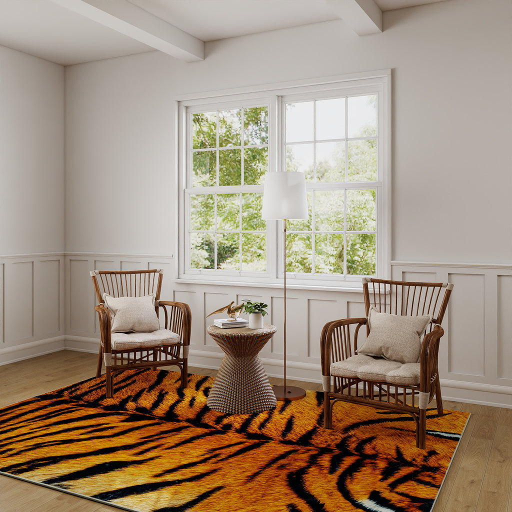 Tiger Stripe Area Rug, 5x7ft Washable Leopard Print Non-Slip Carpet for Living Room Bedroom, Animal Pattern Home Decor