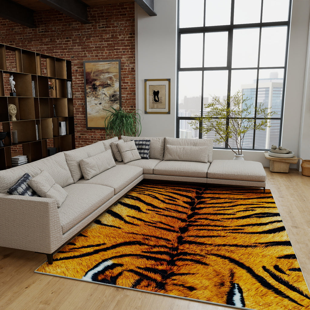 Tiger Stripe Area Rug, 5x7ft Washable Leopard Print Non-Slip Carpet for Living Room Bedroom, Animal Pattern Home Decor