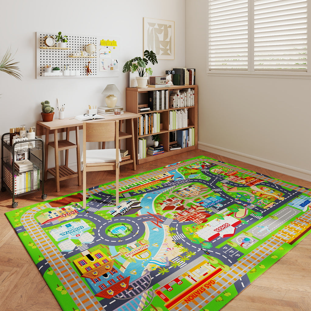 Car Rug Play Mat for Kids Toy Cars, Non-Slip Machine Washable Road Traffic Playmat for Kid Bedroom Home Decor