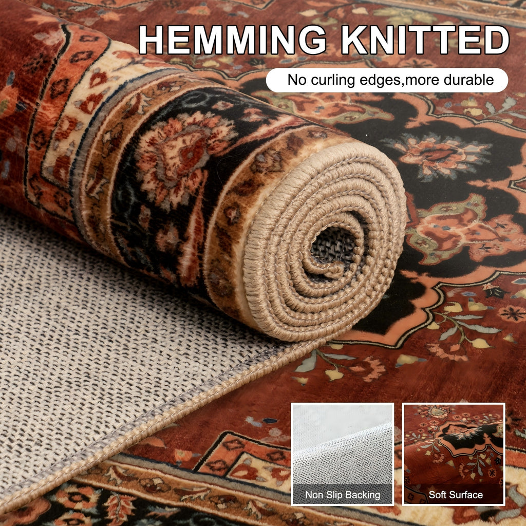 5x7ft Washable Oriental Floral Prints Area Rug, Thin Distressed Non-Slip Carpet for Living Room Bedroom, Kitchen Dining Room Decor