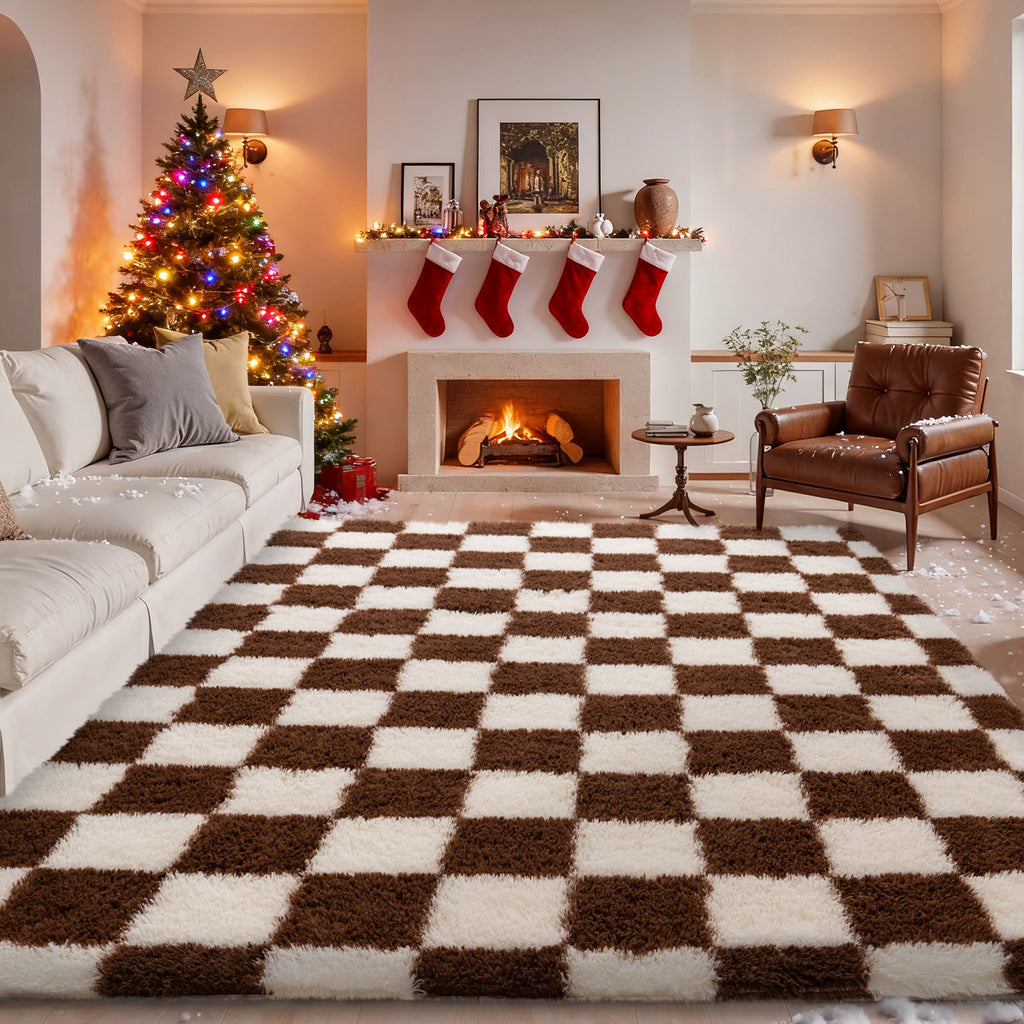 5x7 Feet Checkered Area Rugs For Living Room, Black Modern Super Soft Fluffy Rugs for Bedroom Home Aesthetic Decor