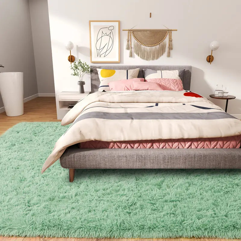 Green Shag Rug, Ultra Soft 1.7in Thick, Extra Large Non-Slip Mat for Bedroom or Living Room