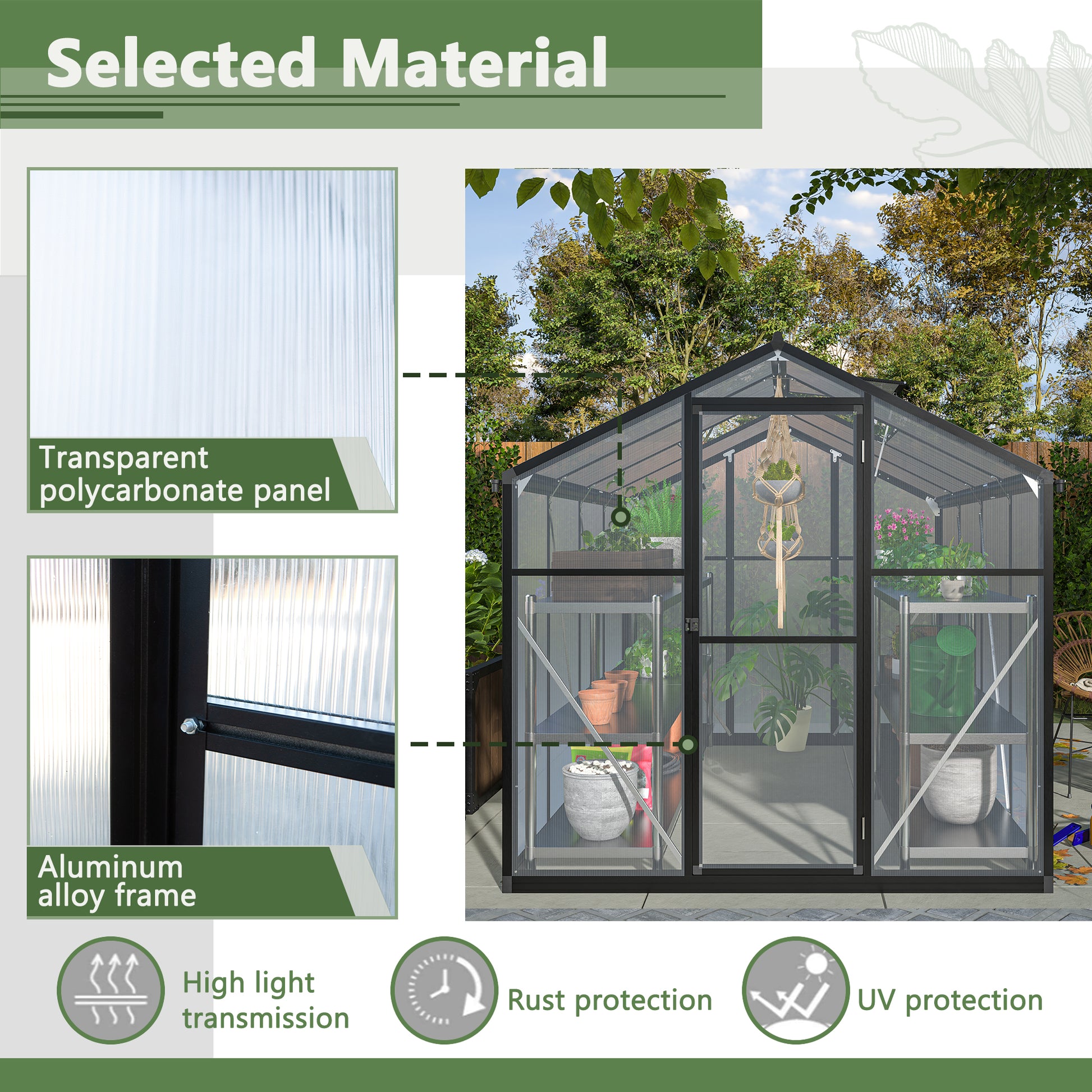 Outdoor Polycarbonate Greenhouse with Roof Vent, Quick-Setup Aluminum Walk-in for Garden Backyard