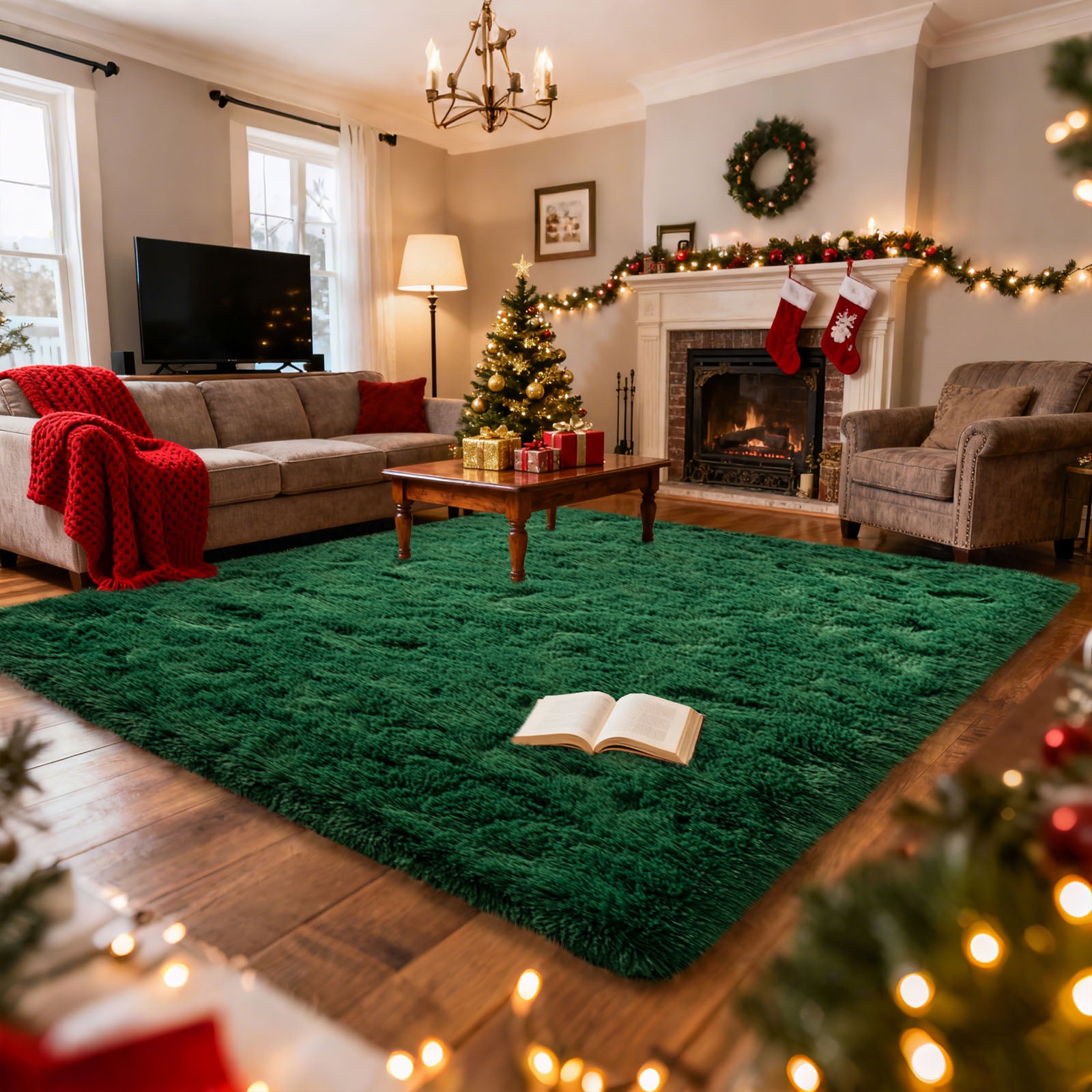 Grass Green Fluffy Shag Area Rug with Non-Slip Base & 4 Reusable Stickers, Soft Plush Mat