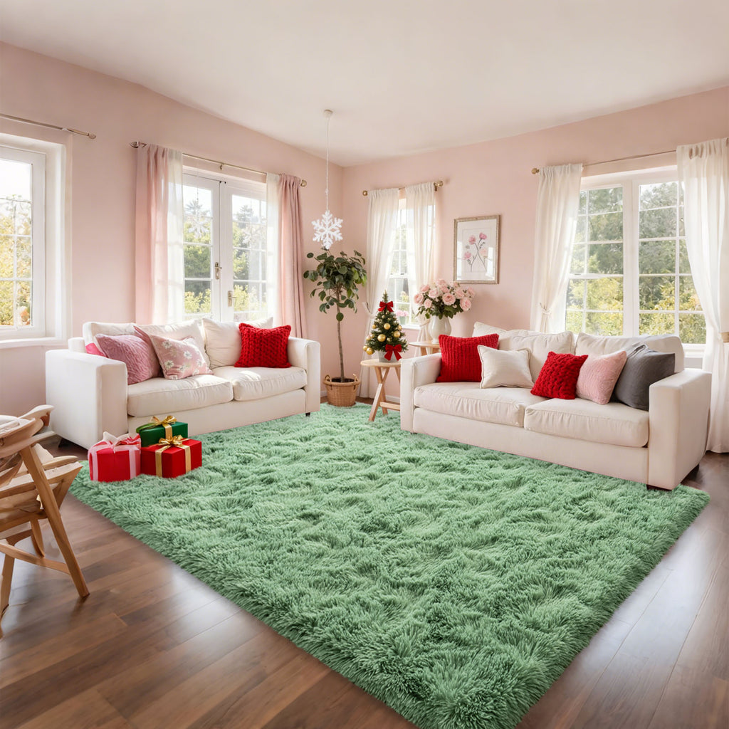 Grass Green Fluffy Shag Area Rug with Non-Slip Base & 4 Reusable Stickers, Soft Plush Mat